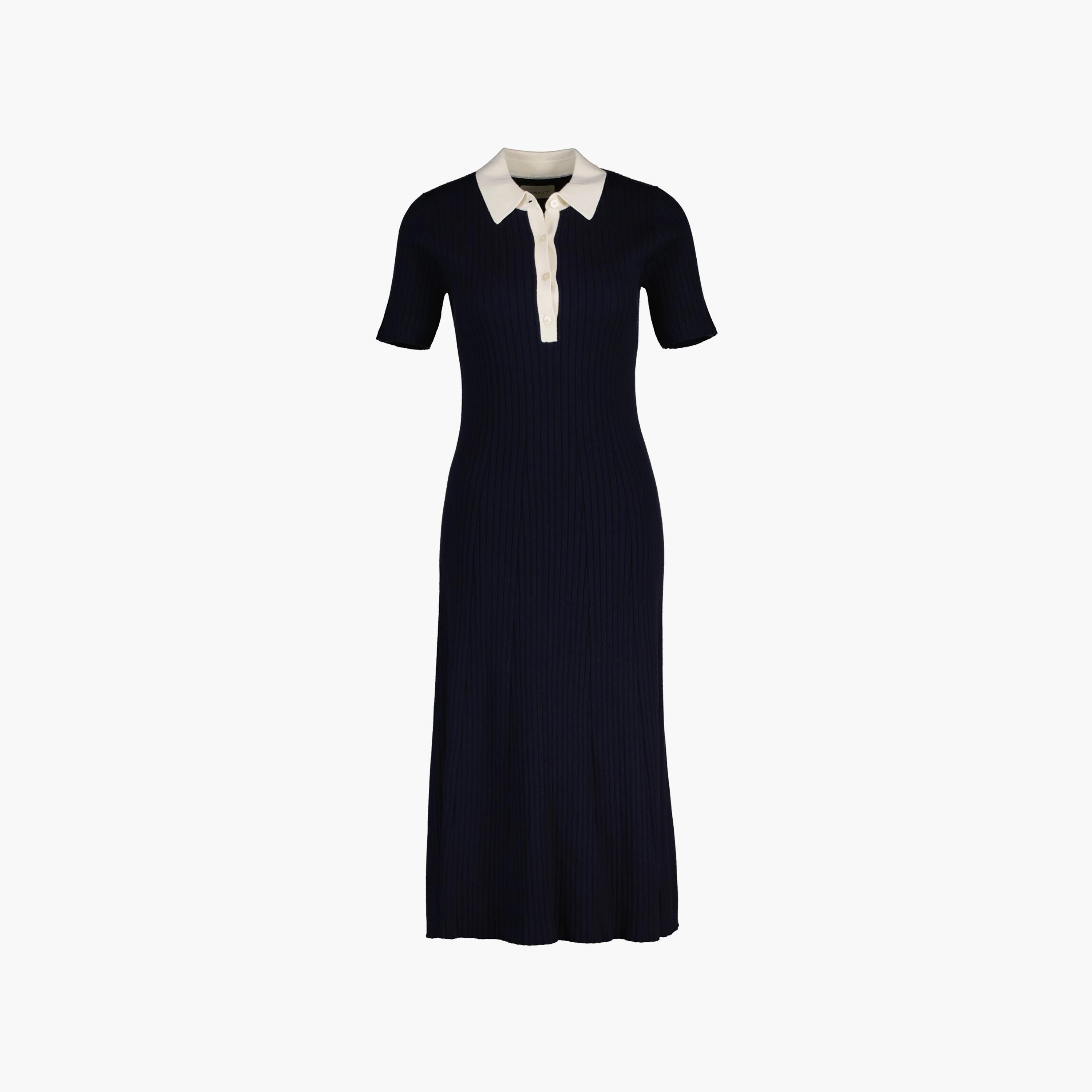 Gant Blue Ribbed Cotton Collared Women's Midi T-Shirt Dress-women-clothing-dresses-image-4