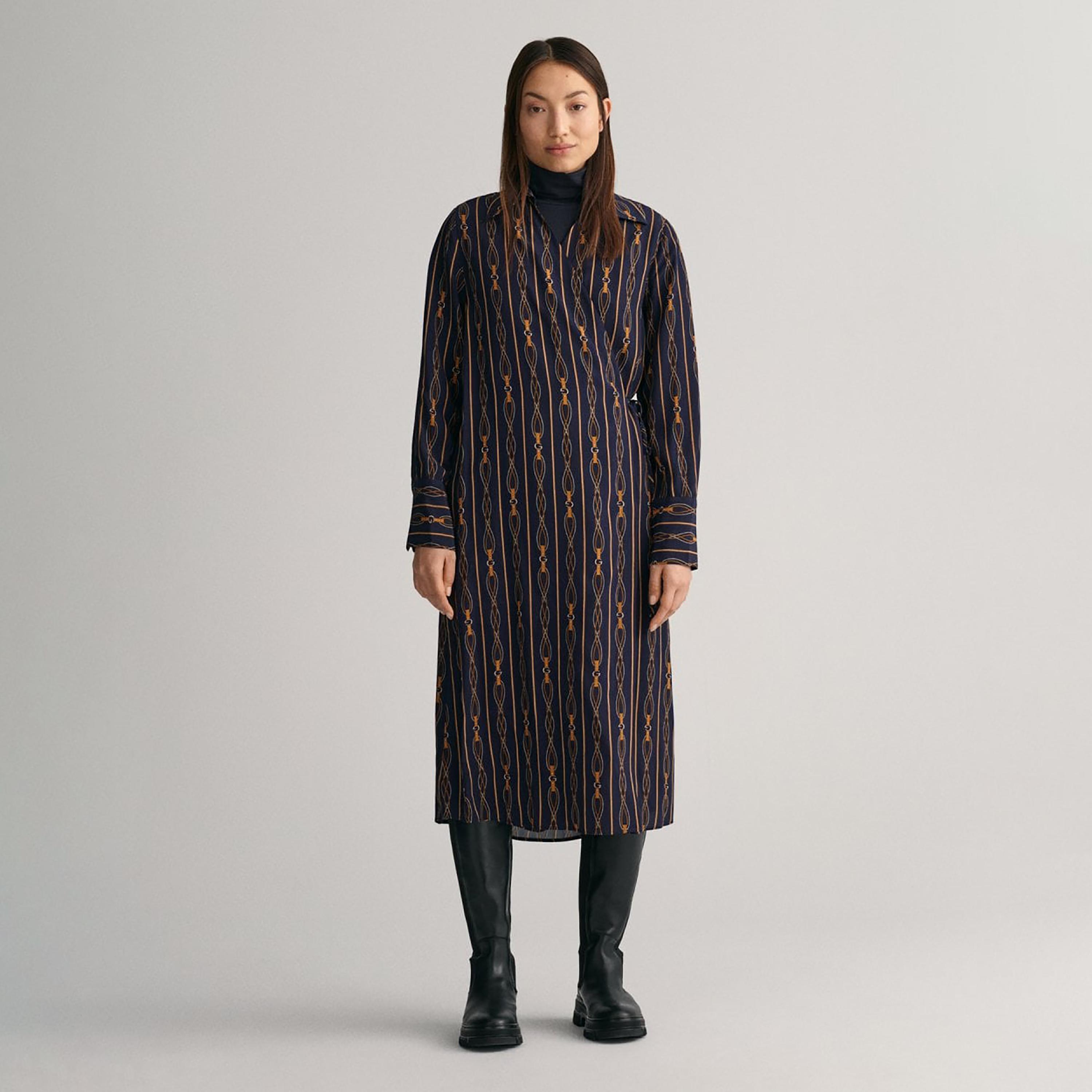 Gant Blue Monogram Collared Long Sleeves Wrap Midi Women Dress-women-clothing-dresses-image-1
