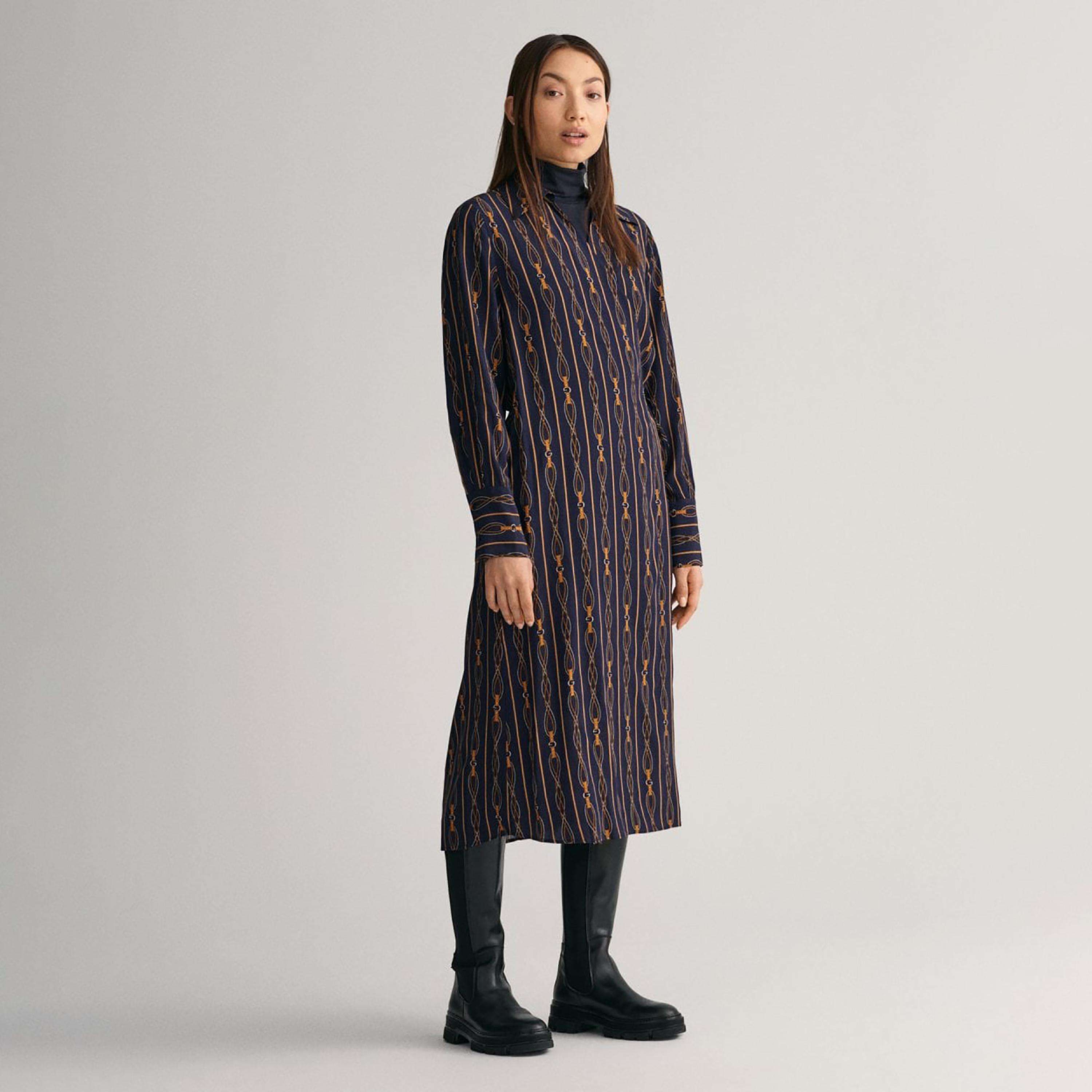 Gant Blue Monogram Collared Long Sleeves Wrap Midi Women Dress-women-clothing-dresses-image-2