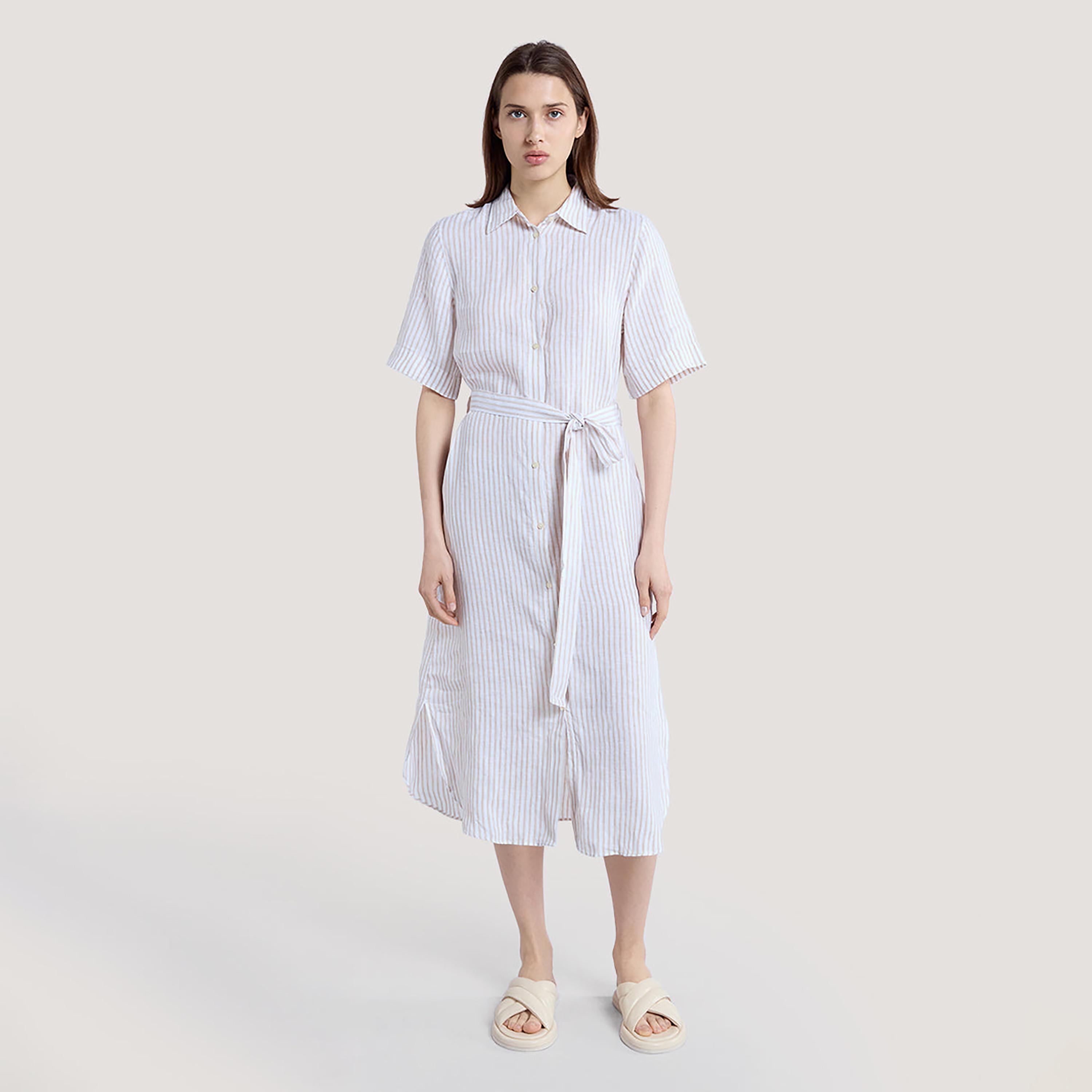 Gant White Striped Tie Belt Women's Linen Midi Shirt Dress-women-clothing-dresses-image-1