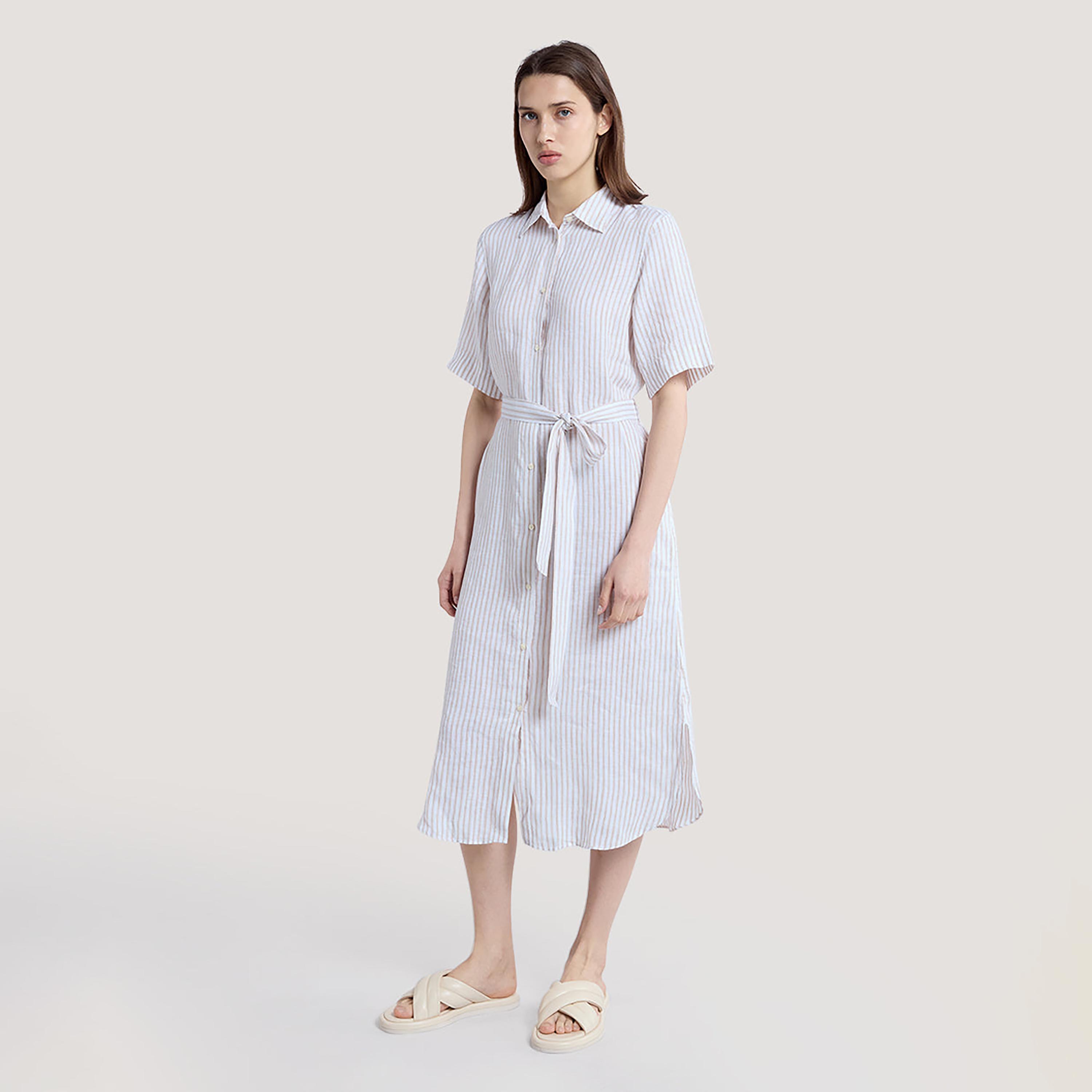 Gant White Striped Tie Belt Women's Linen Midi Shirt Dress-women-clothing-dresses-image-3