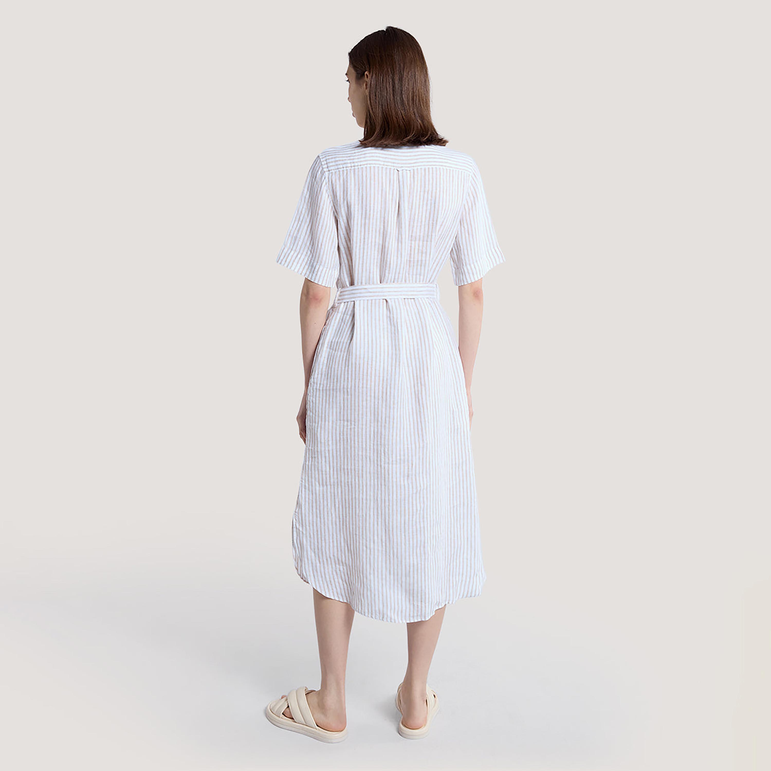 Gant White Striped Tie Belt Women's Linen Midi Shirt Dress-women-clothing-dresses-image-4