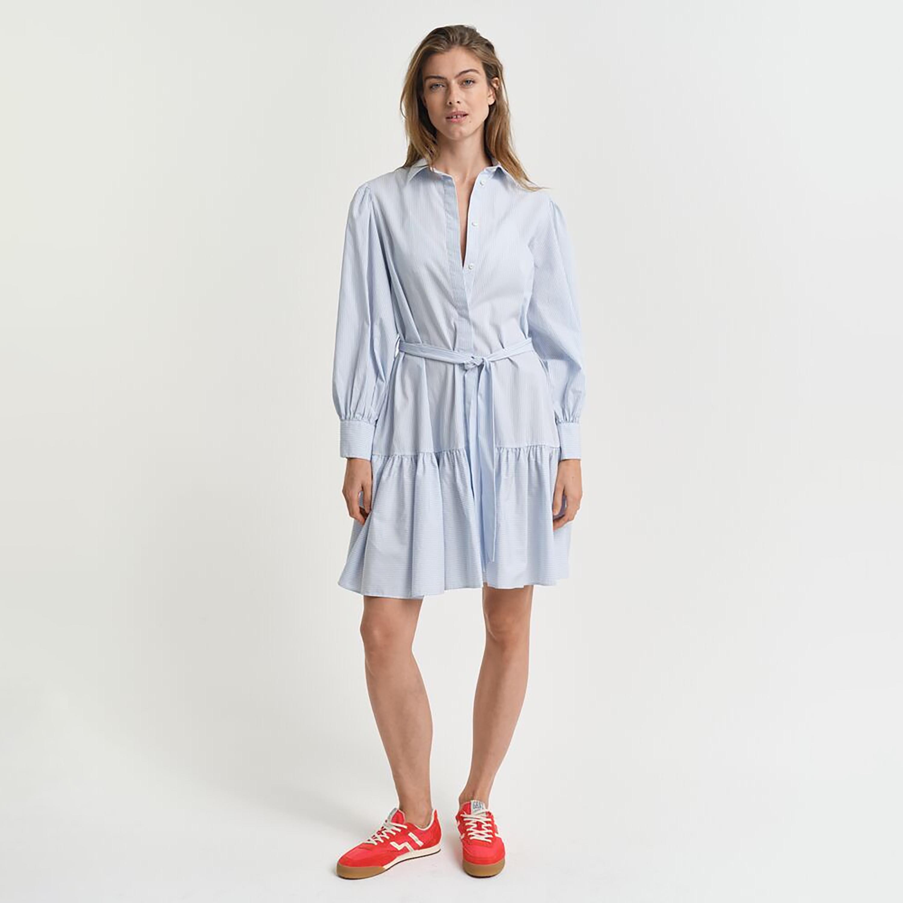 Gant Blue Striped Cotton Shirt Collar Women's Tiered Midi Dress-women-clothing-dresses-image-1