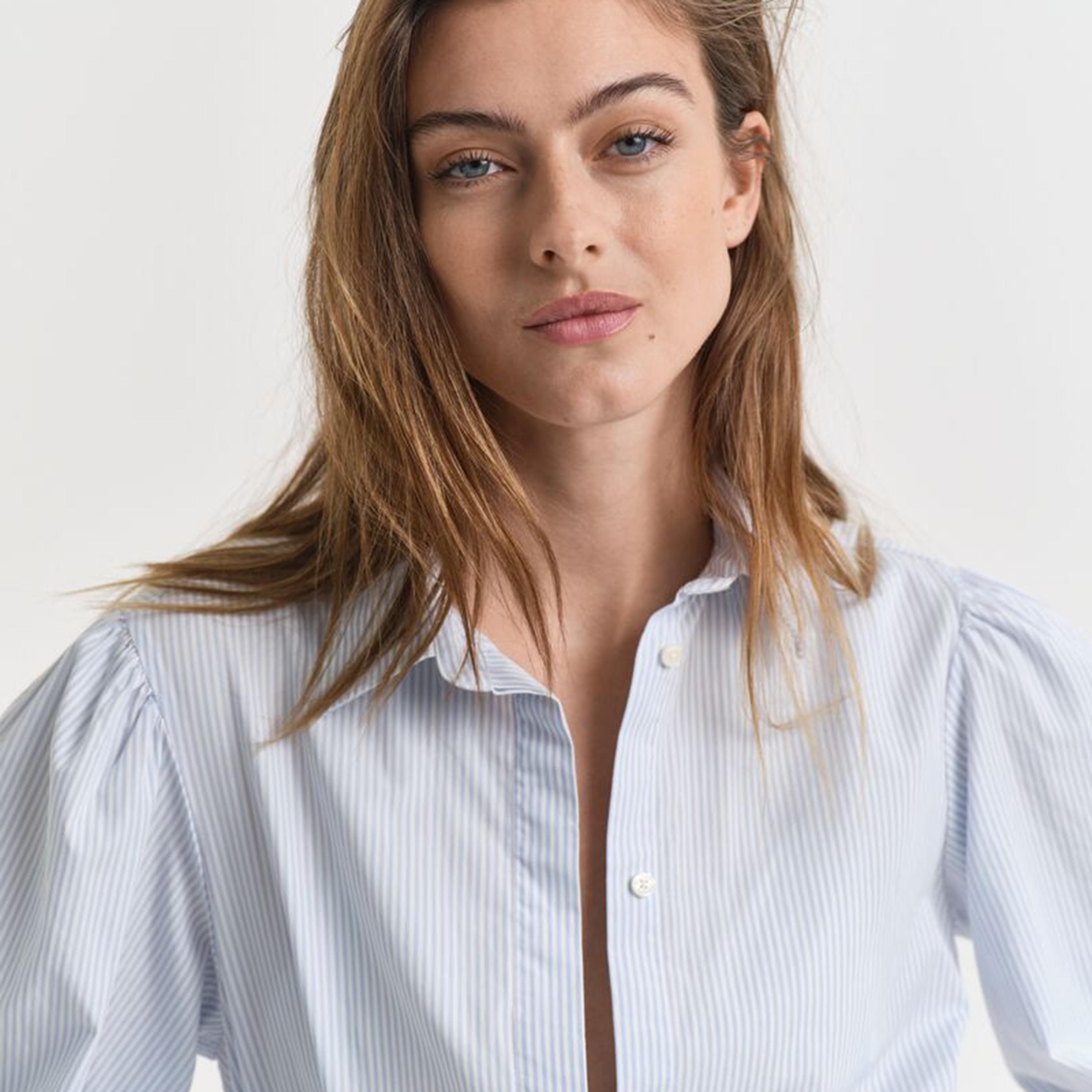 Gant Blue Striped Cotton Shirt Collar Women's Tiered Midi Dress-women-clothing-dresses-image-2