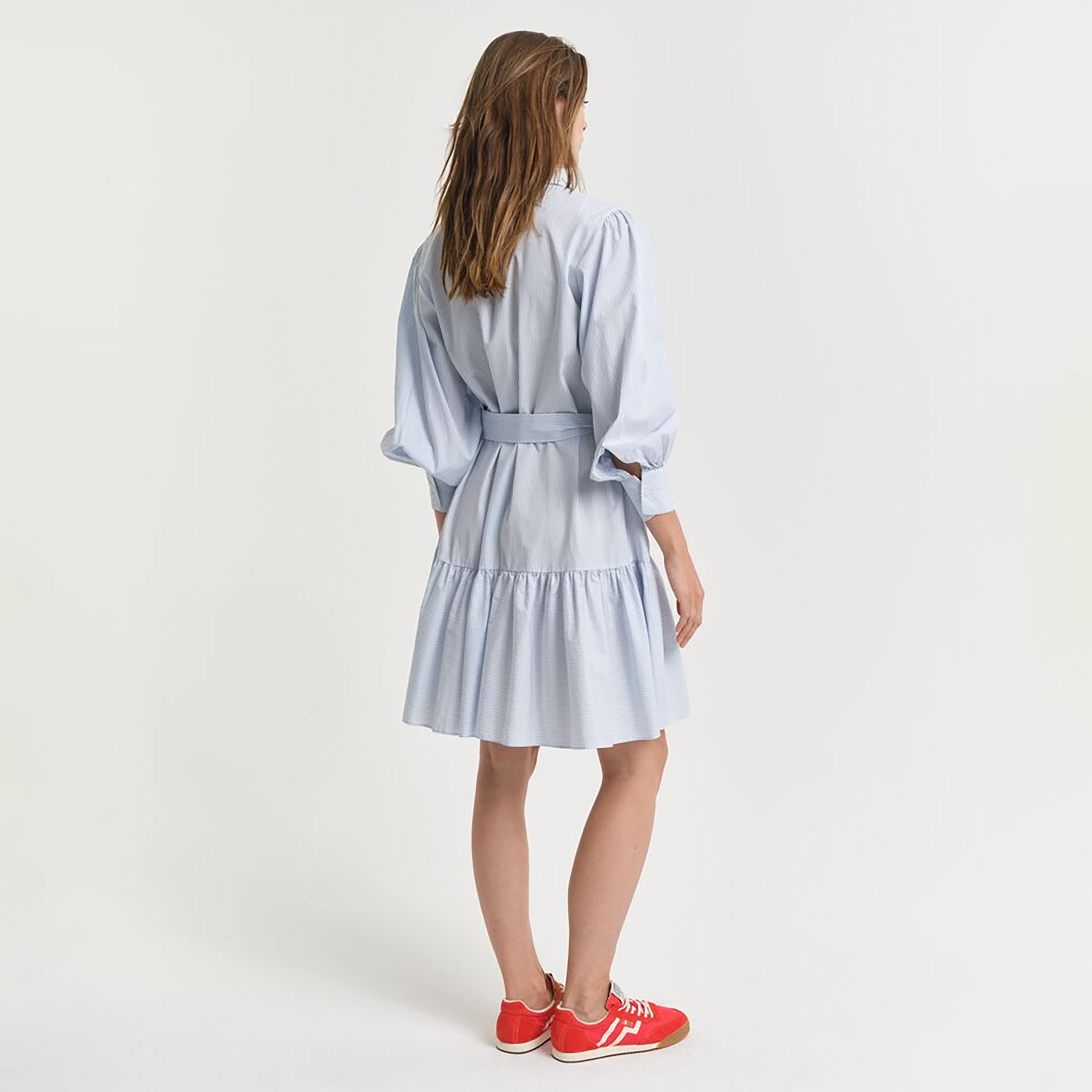 Gant Blue Striped Cotton Shirt Collar Women's Tiered Midi Dress-women-clothing-dresses-image-4