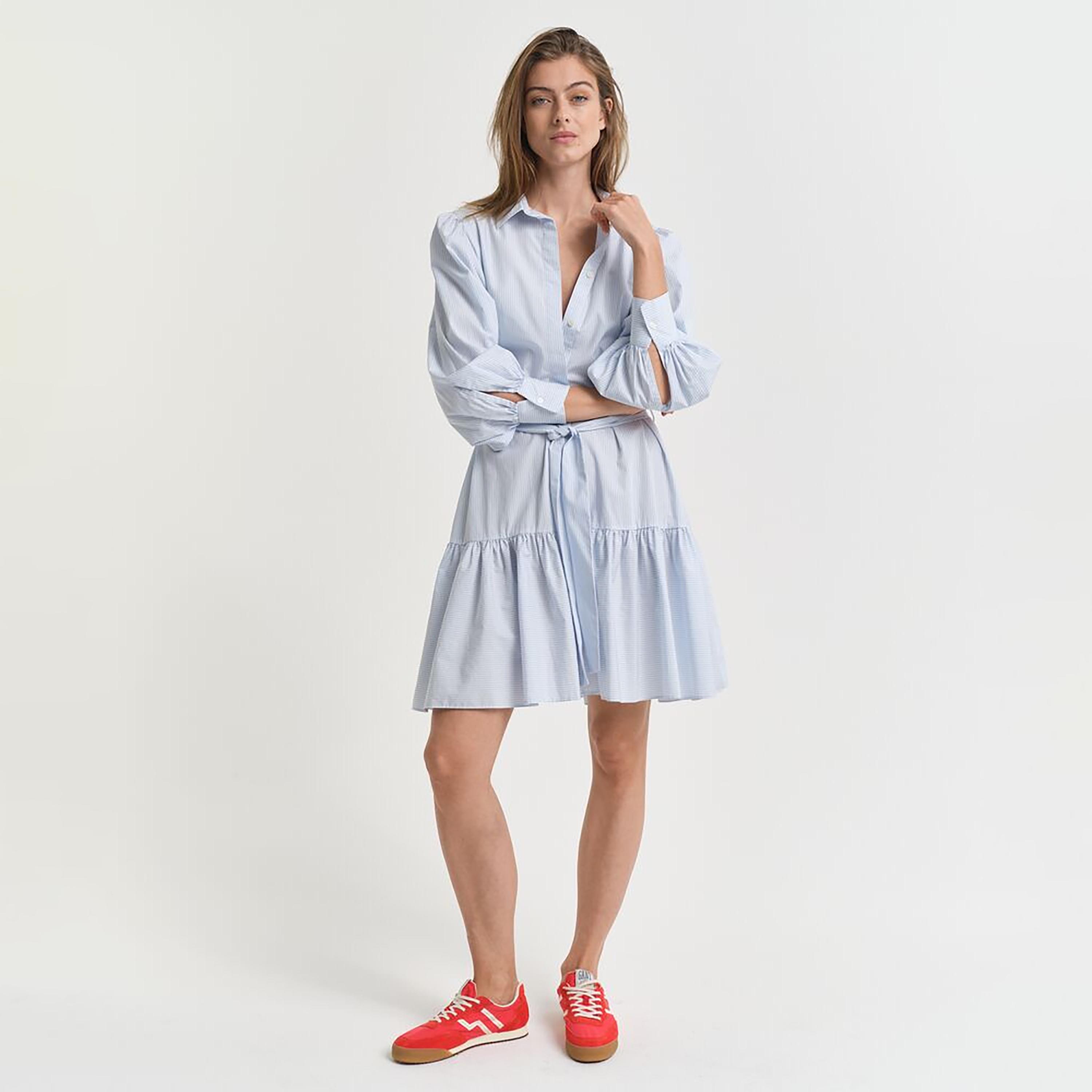 Gant Blue Striped Cotton Shirt Collar Women's Tiered Midi Dress-women-clothing-dresses-image-5