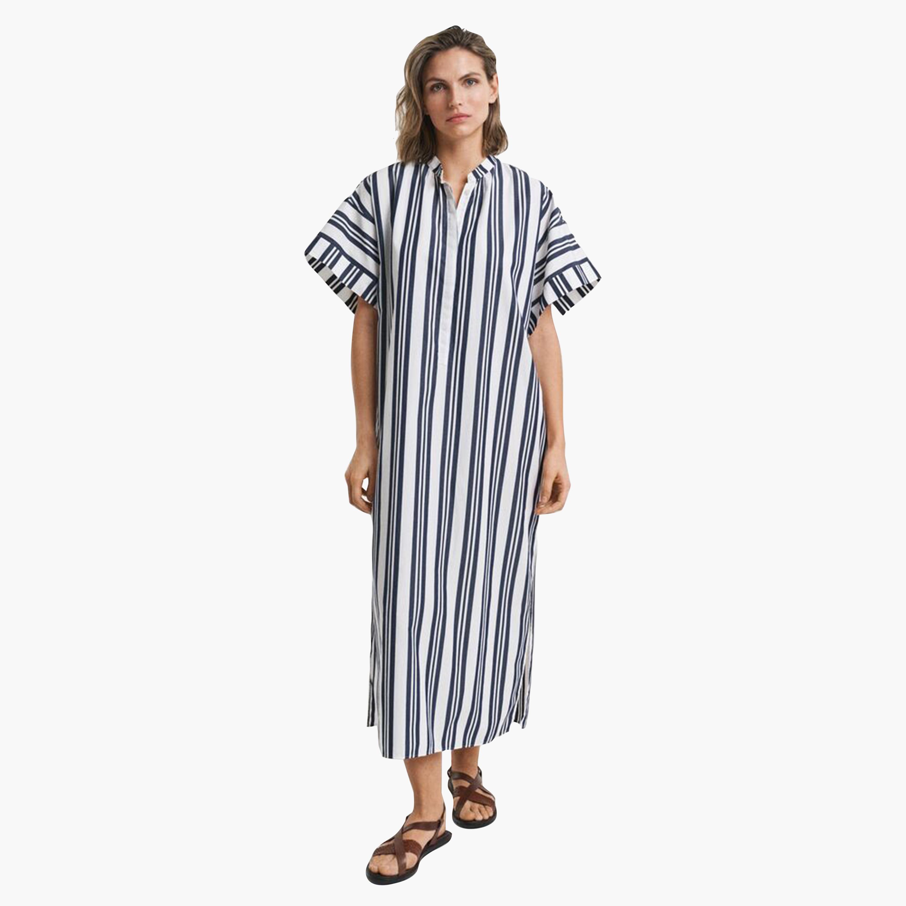 فستان مستقيم ميدي حريمي بياقة شريطة مخططة باللون الأزرق من جانت-women-clothing-dresses-image-1