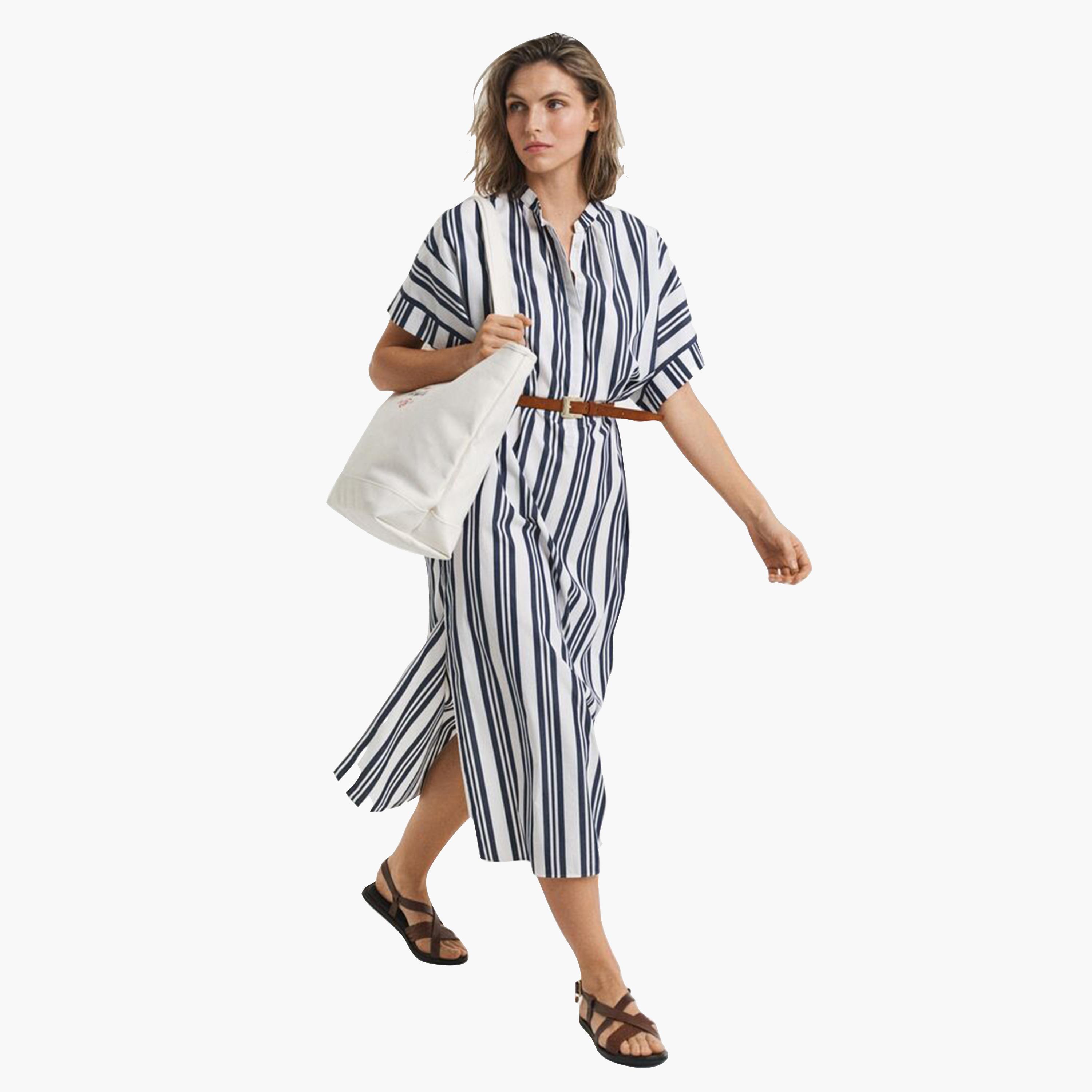 فستان مستقيم ميدي حريمي بياقة شريطة مخططة باللون الأزرق من جانت-women-clothing-dresses-image-2