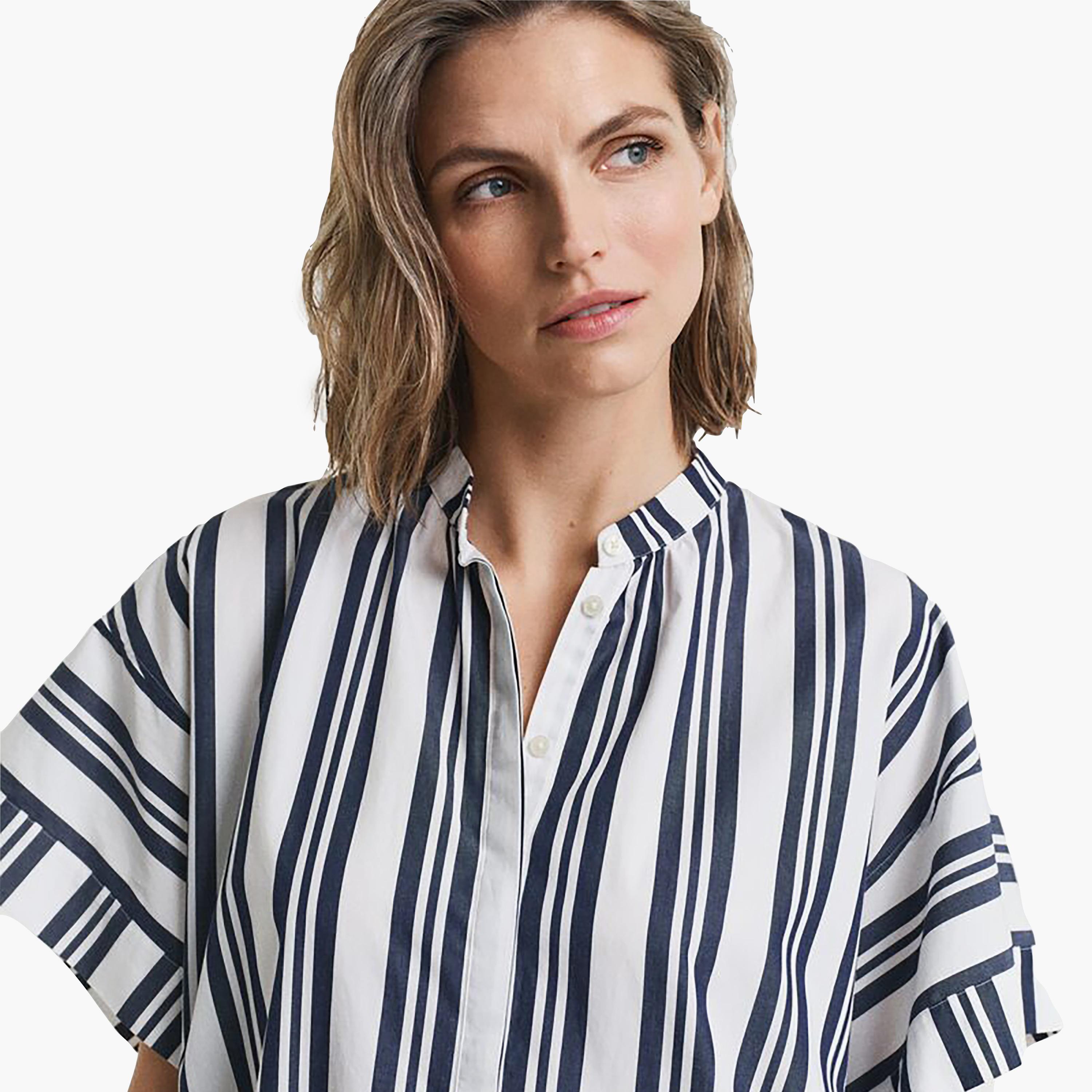 فستان مستقيم ميدي حريمي بياقة شريطة مخططة باللون الأزرق من جانت-women-clothing-dresses-image-3