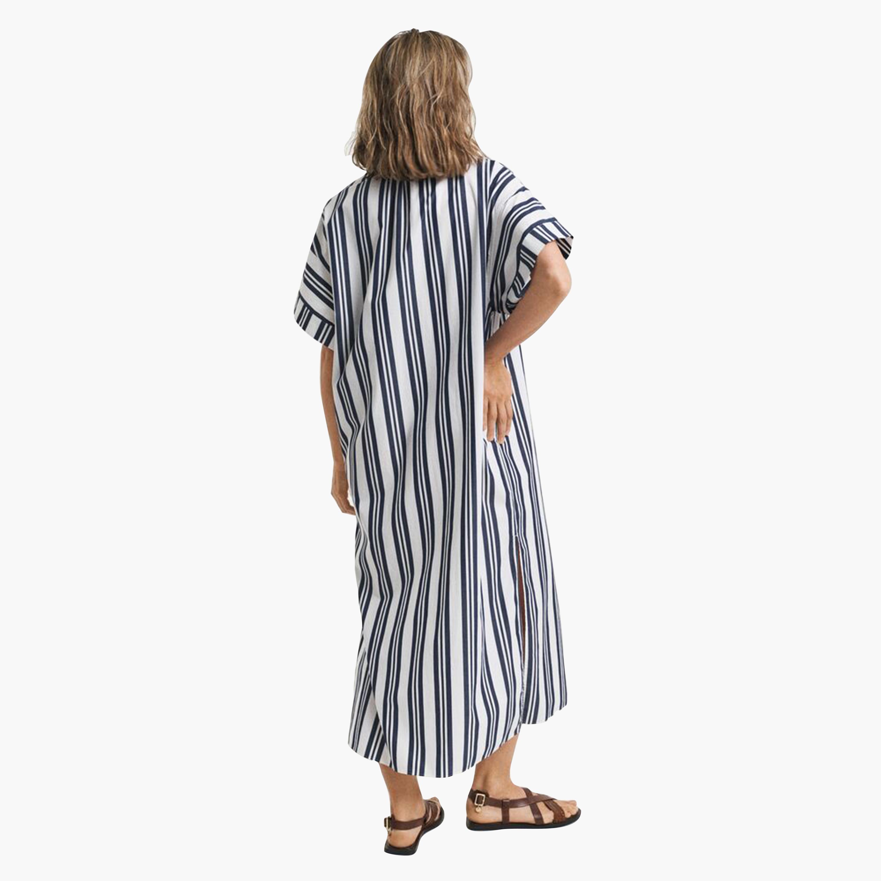 فستان مستقيم ميدي حريمي بياقة شريطة مخططة باللون الأزرق من جانت-women-clothing-dresses-image-4