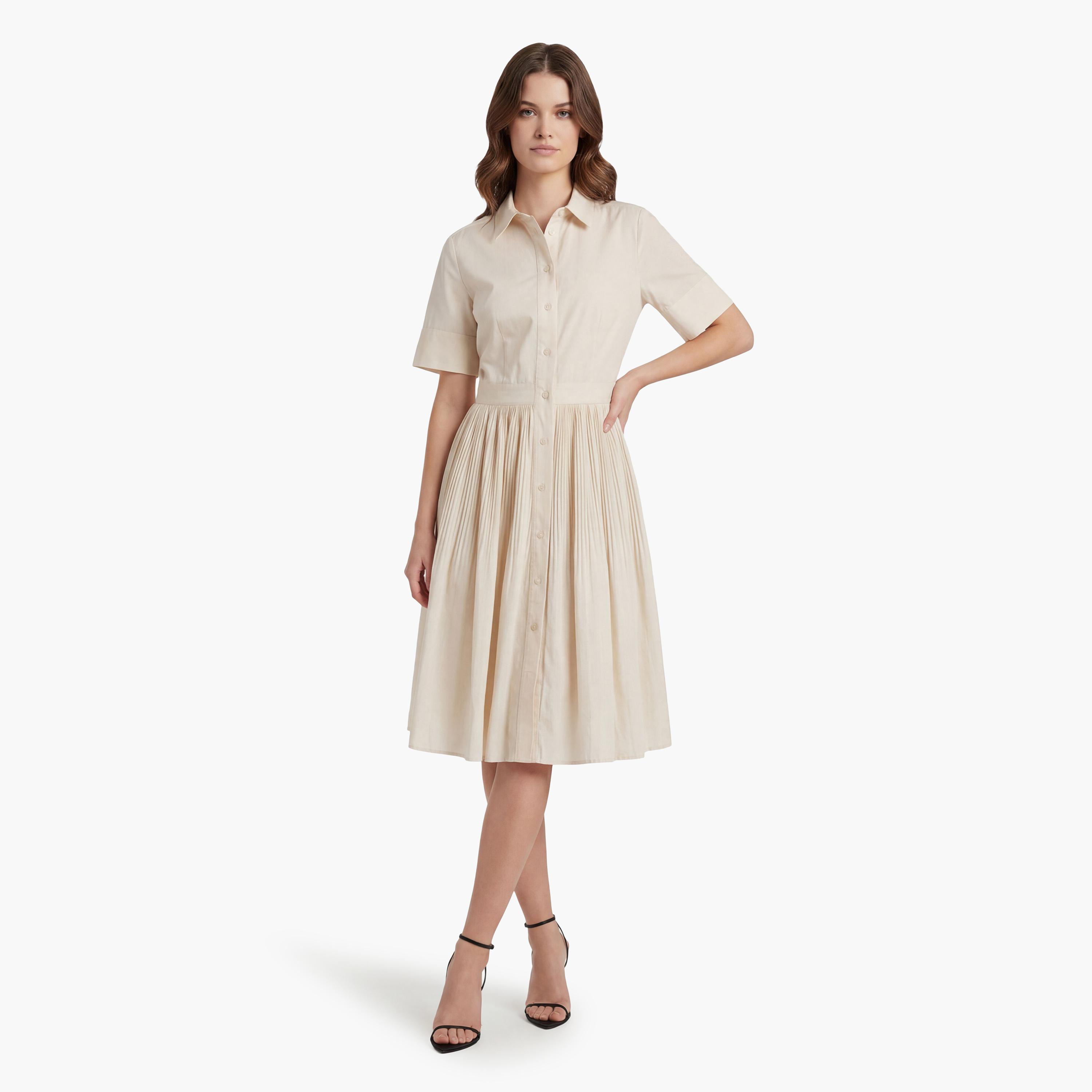 فستان قميص "ميدي" نسائي قطن بياقة وكسرات من جانت-women-clothing-dresses-image-1