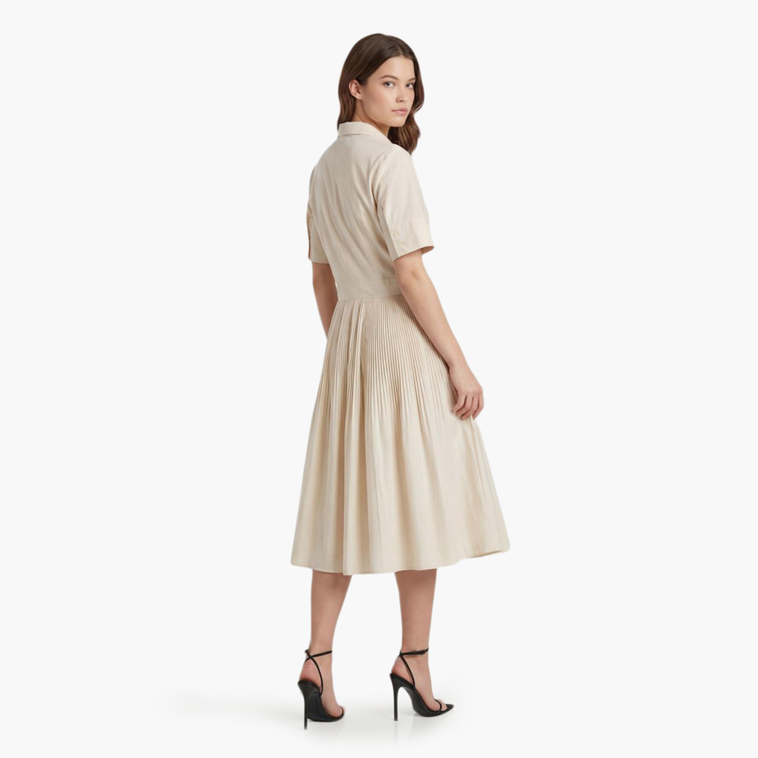 فستان قميص "ميدي" نسائي قطن بياقة وكسرات من جانت-women-clothing-dresses-image-3