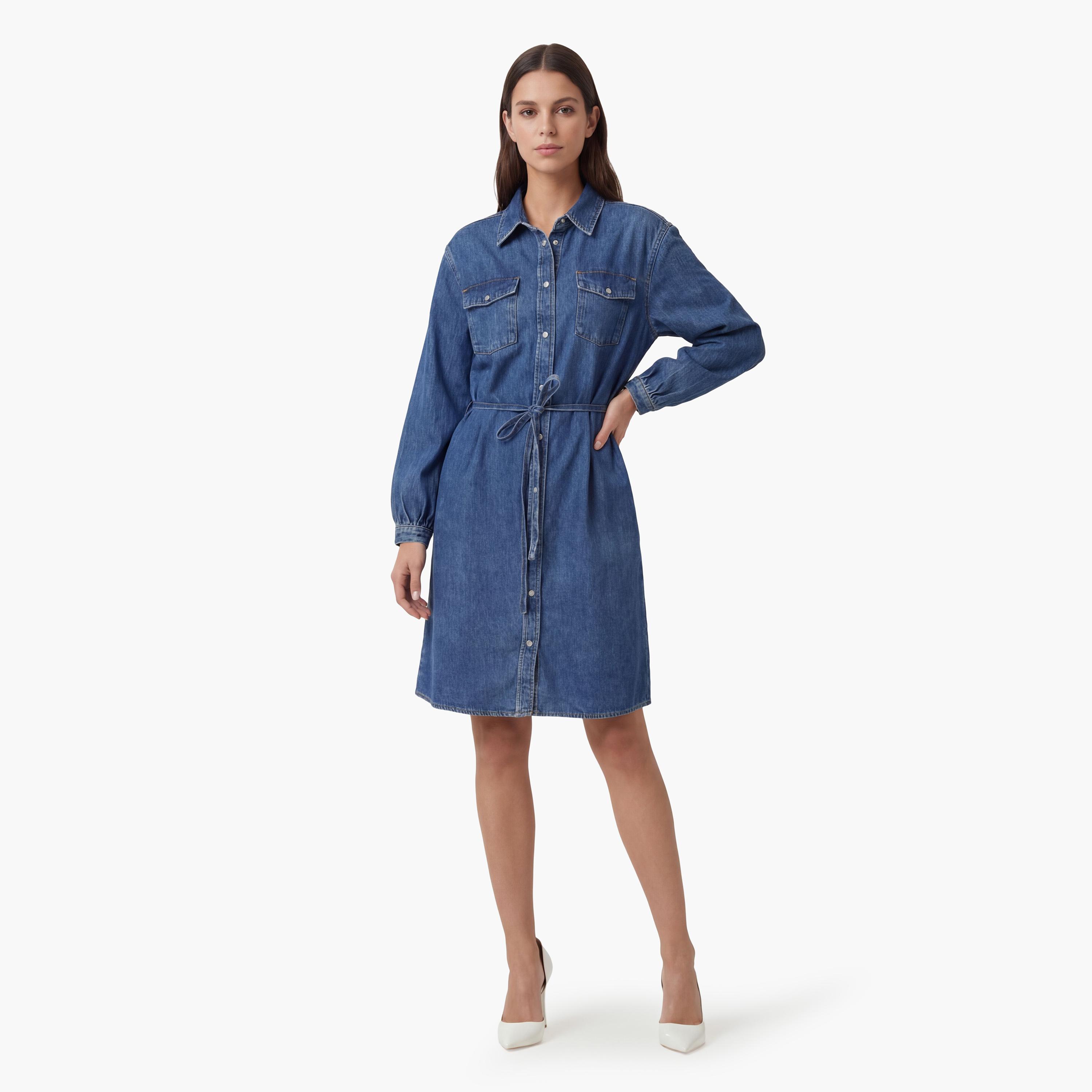 فستان قميص "ميدي" نسائي قطن بياقة ومظهر باهت - أزرق من جانت-women-clothing-dresses-image-1