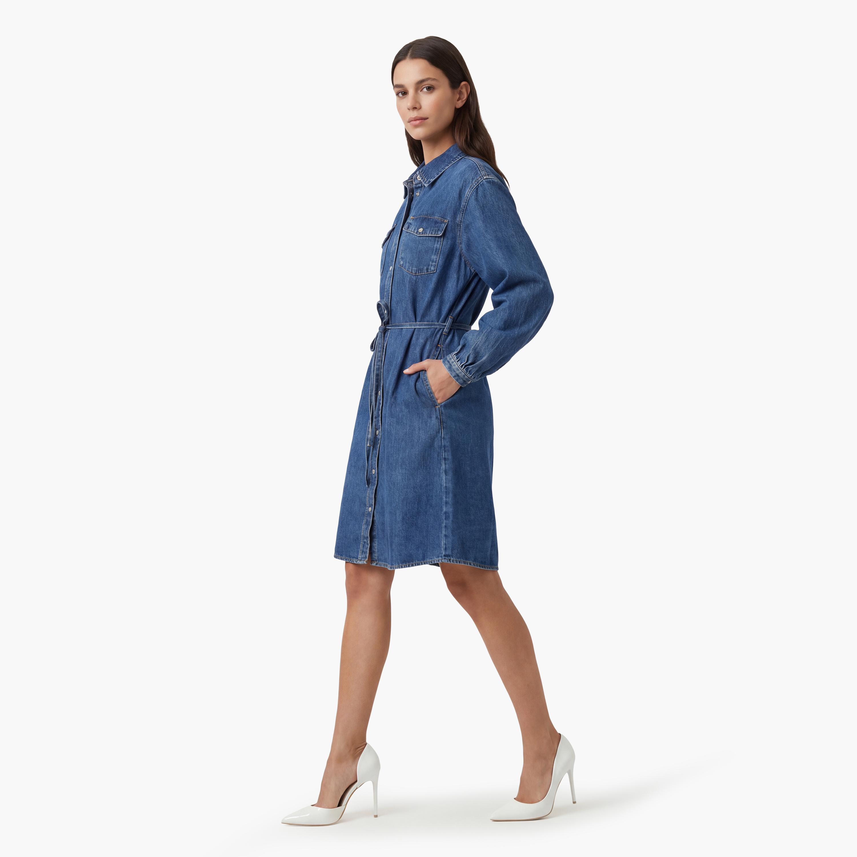 فستان قميص "ميدي" نسائي قطن بياقة ومظهر باهت - أزرق من جانت-women-clothing-dresses-image-2