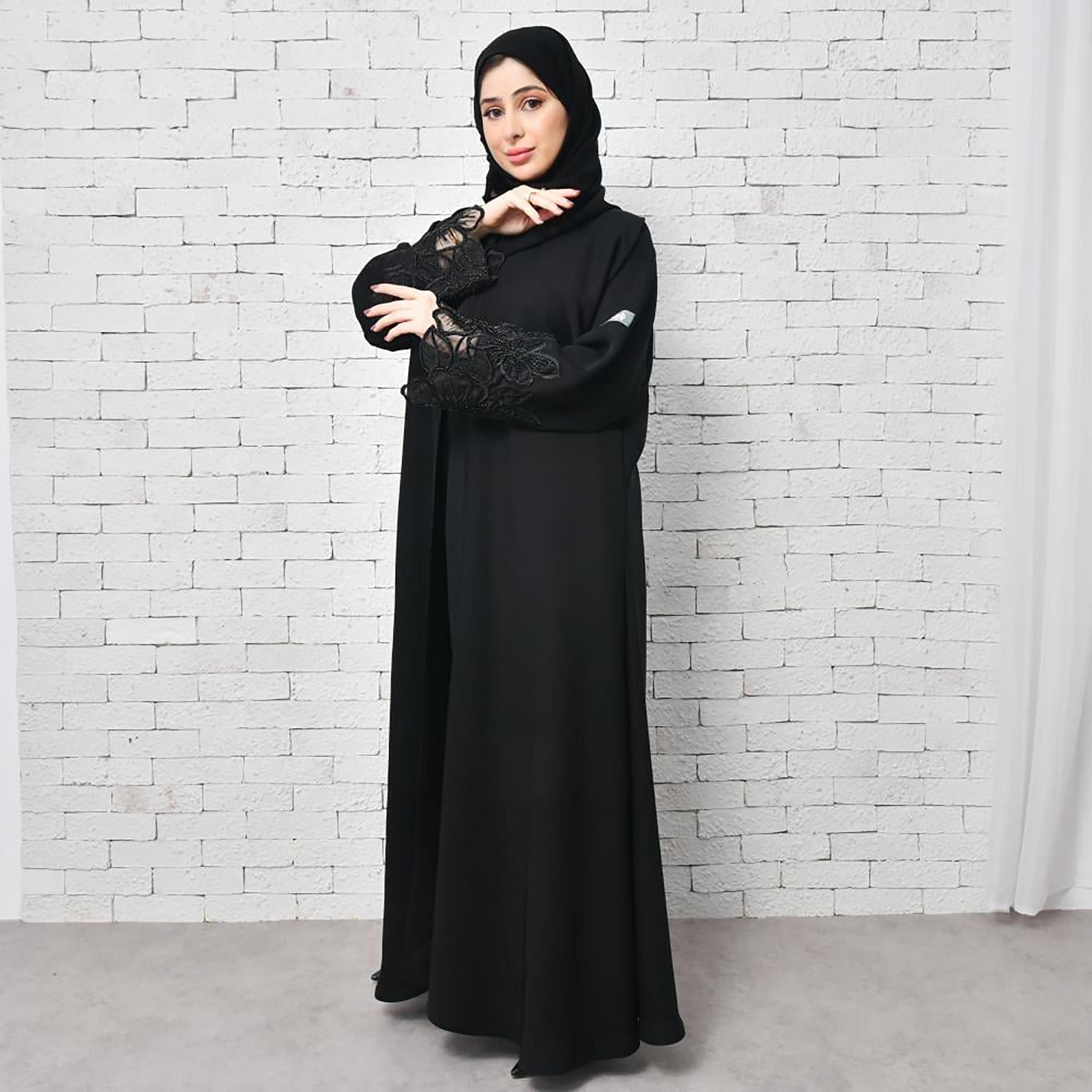 Lamha Black Beaded & Embroidered Crepe Open-Front Women's Abaya with Hijab-women-arabicclothing-abayas-image-1