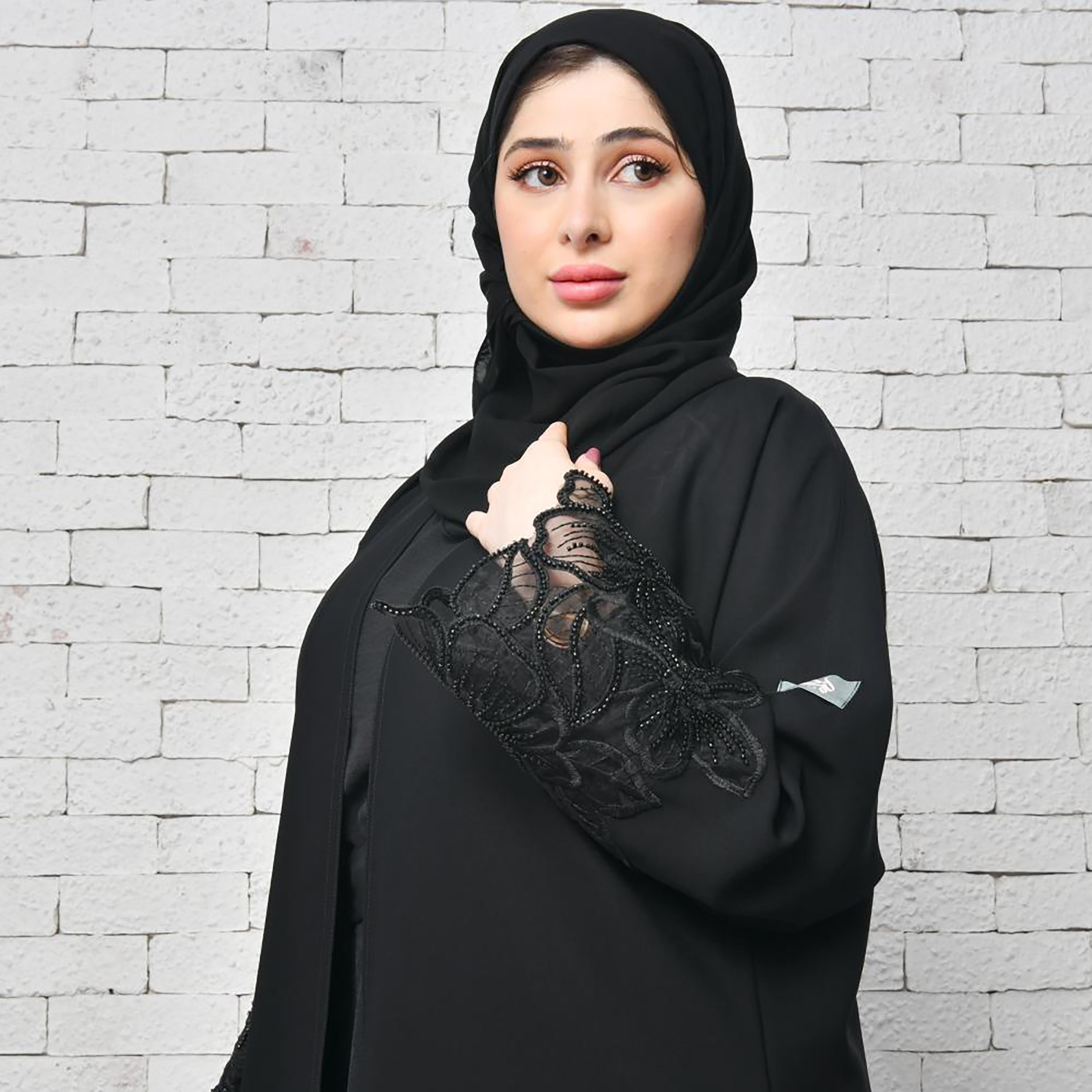 Lamha Black Beaded & Embroidered Crepe Open-Front Women's Abaya with Hijab-women-arabicclothing-abayas-image-2