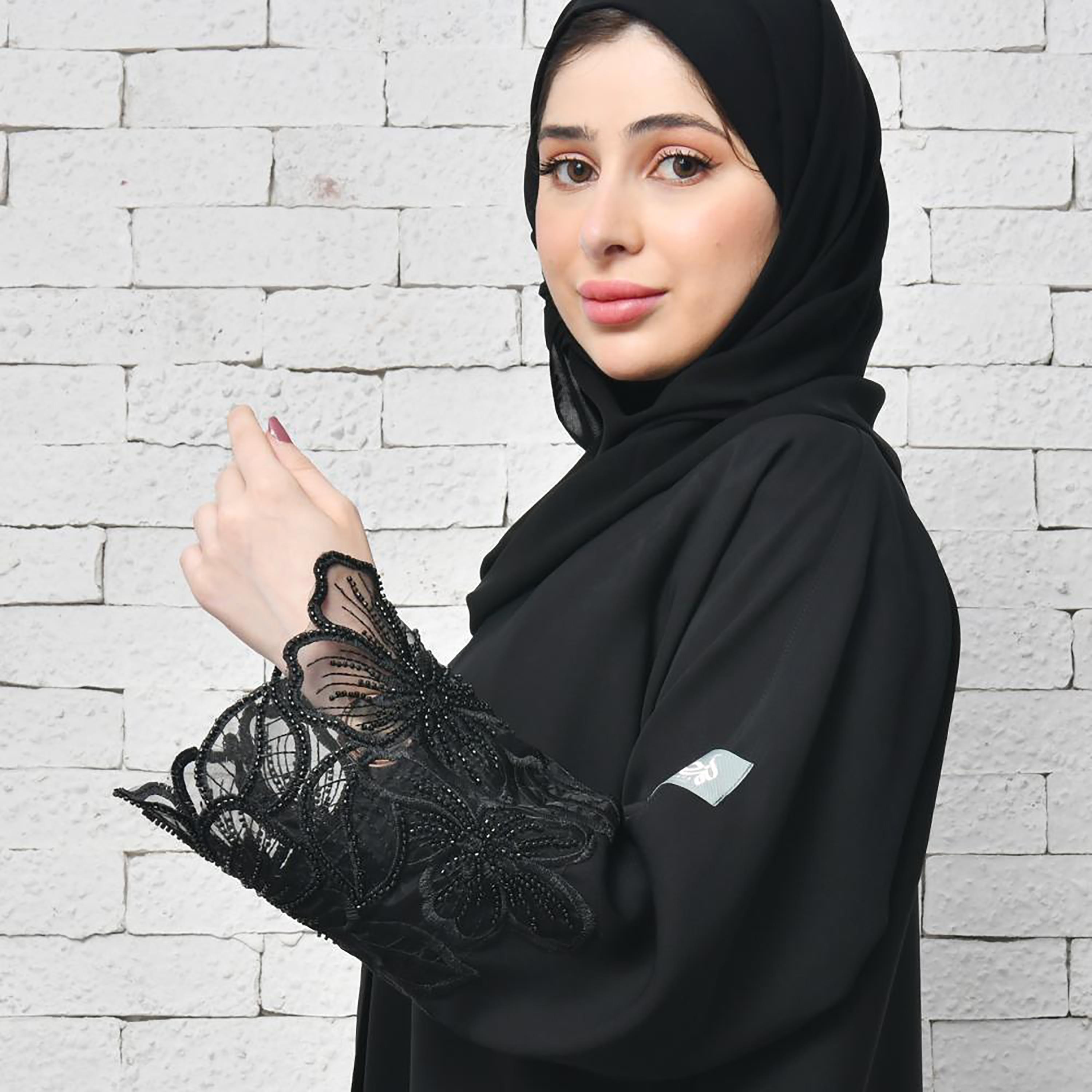 Lamha Black Beaded & Embroidered Crepe Open-Front Women's Abaya with Hijab-women-arabicclothing-abayas-image-3