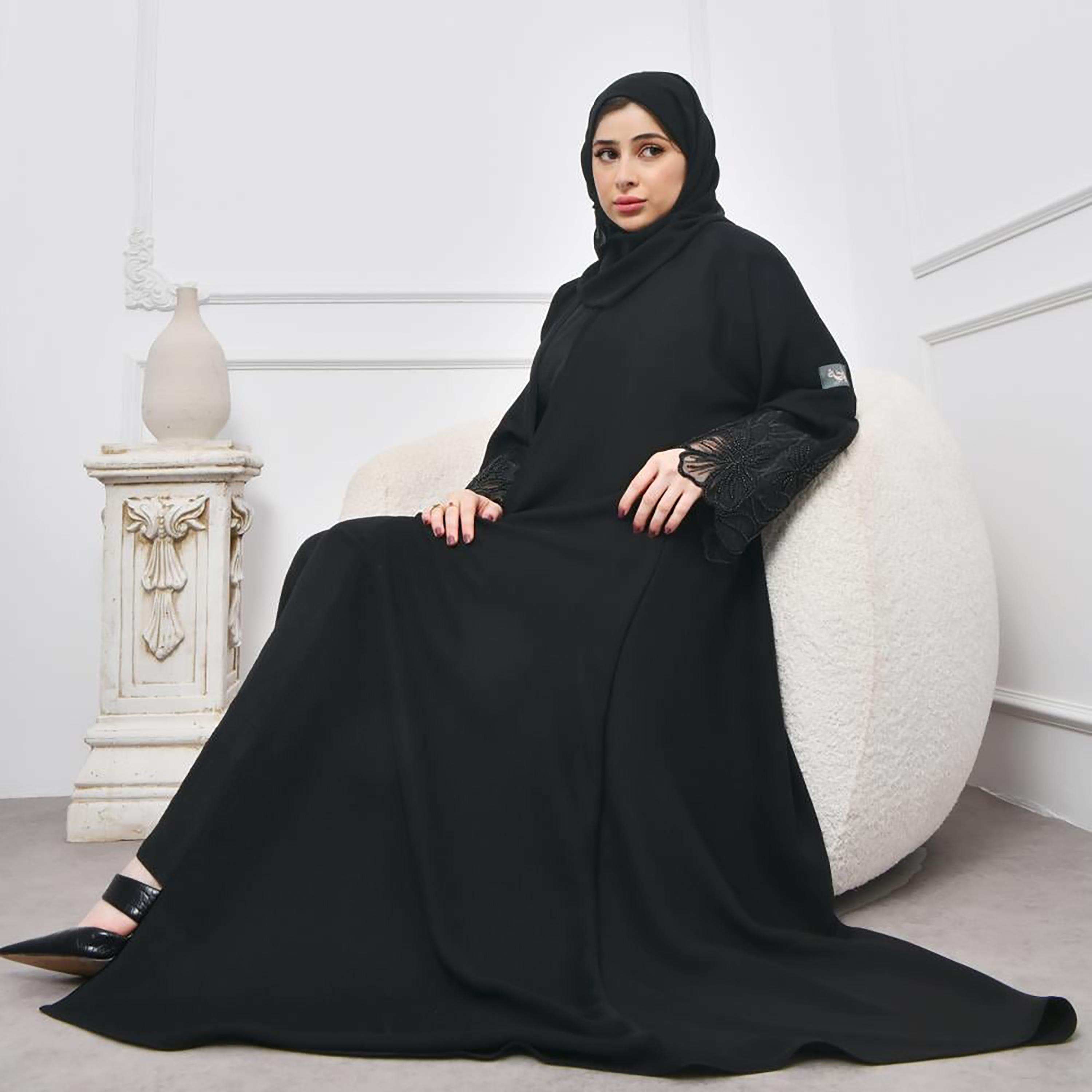Lamha Black Beaded & Embroidered Crepe Open-Front Women's Abaya with Hijab-women-arabicclothing-abayas-image-5
