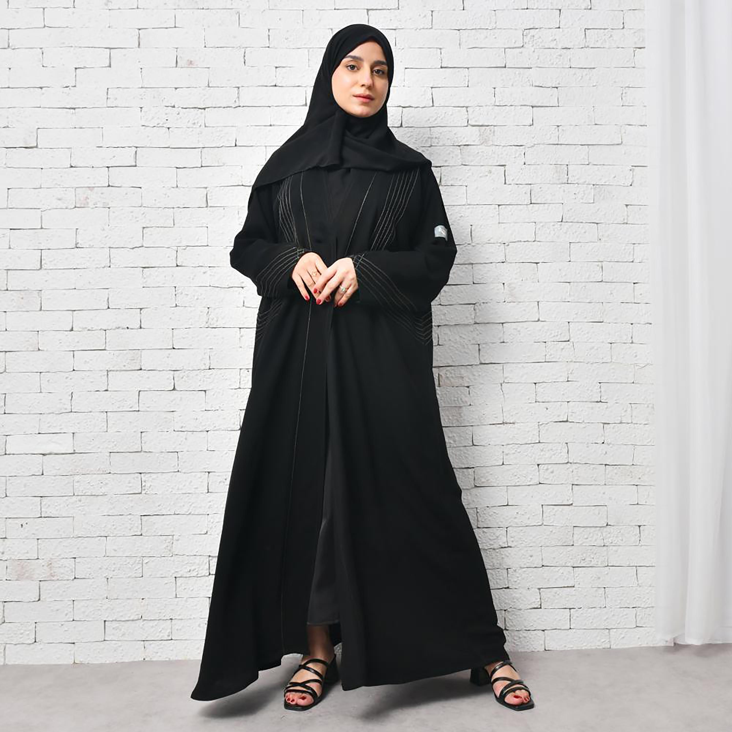 Lamha Black Embroidered Crepe Open-Front Women's Abaya with Hijab-women-arabicclothing-abayas-image-1