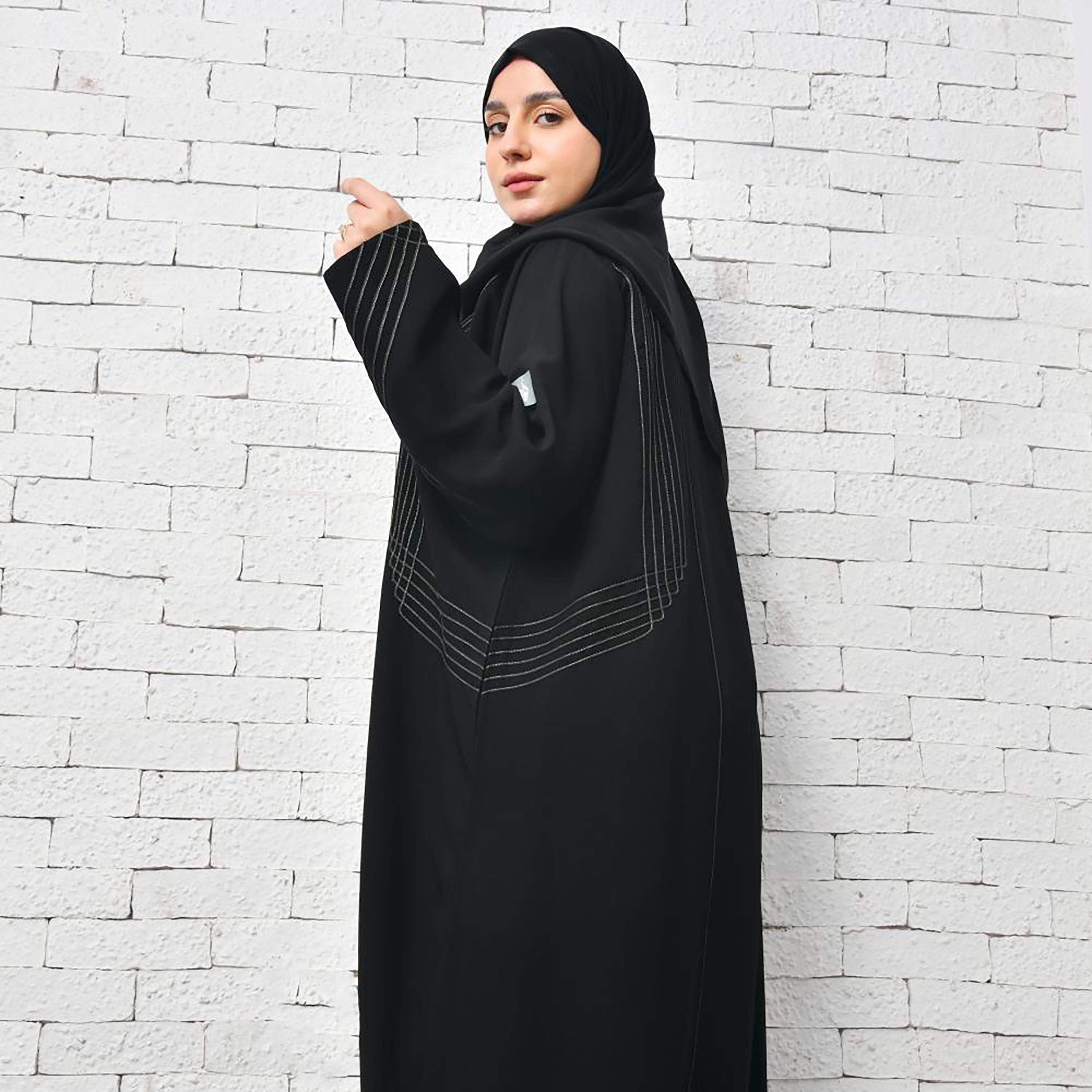 Lamha Black Embroidered Crepe Open-Front Women's Abaya with Hijab-women-arabicclothing-abayas-image-3