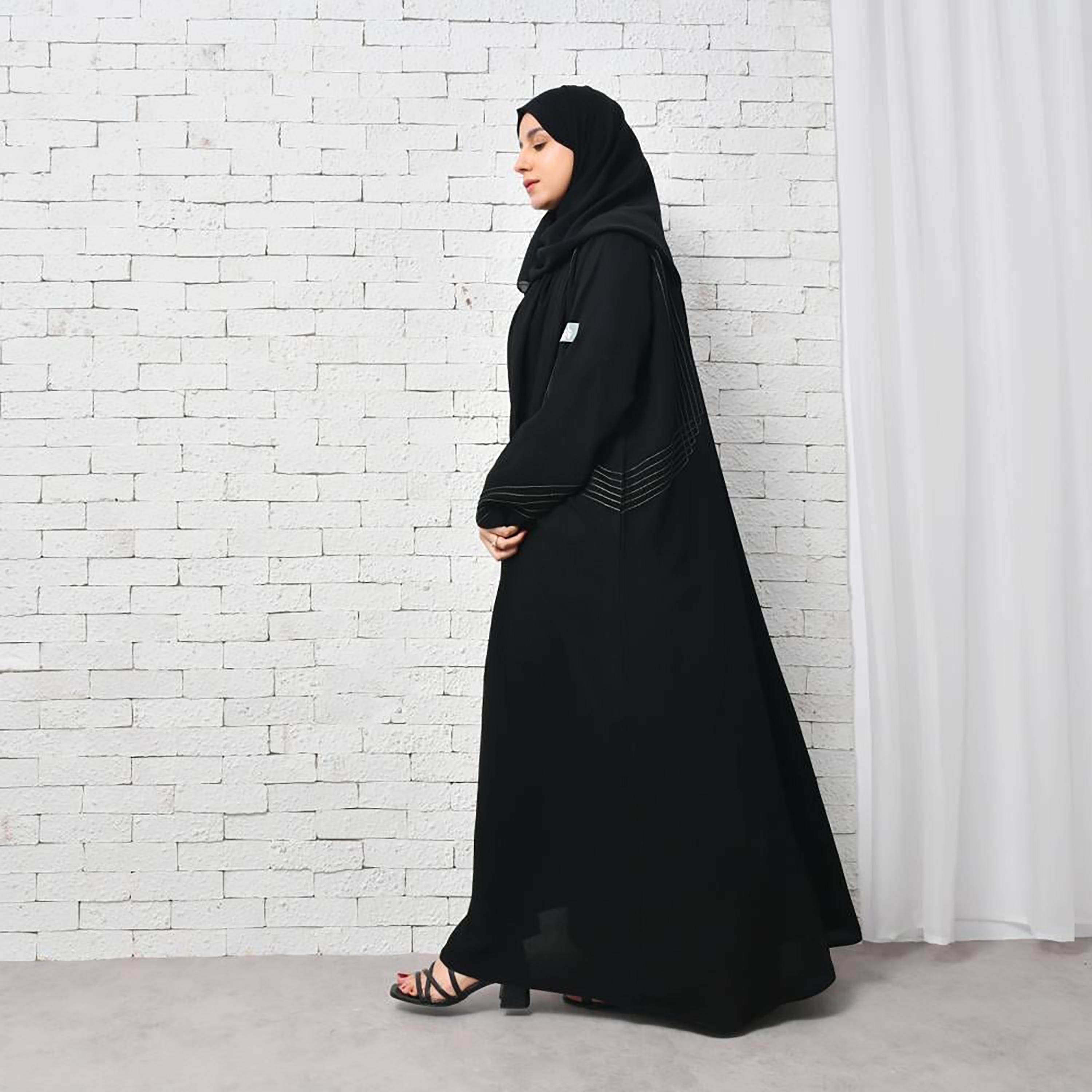 Lamha Black Embroidered Crepe Open-Front Women's Abaya with Hijab-women-arabicclothing-abayas-image-4