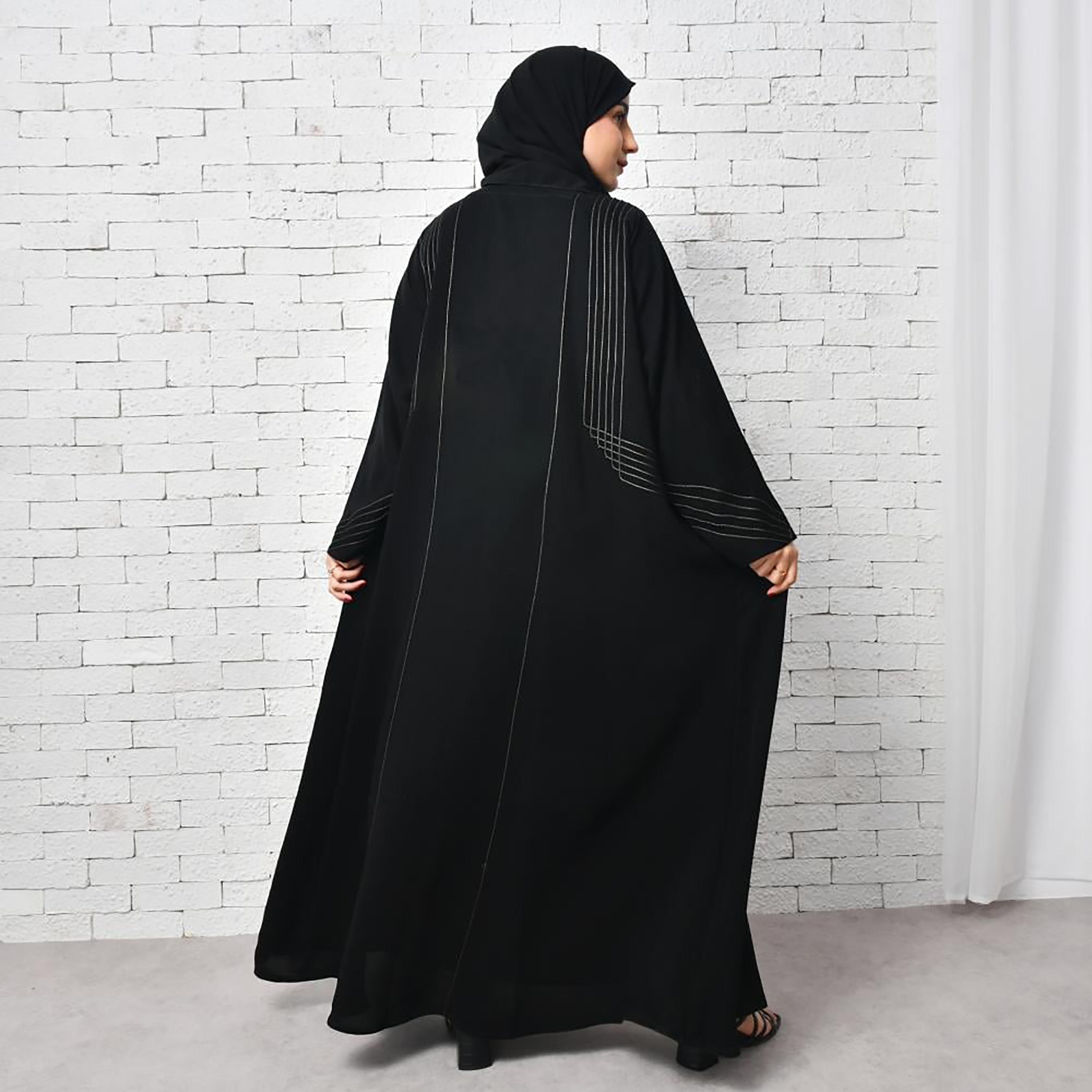 Lamha Black Embroidered Crepe Open-Front Women's Abaya with Hijab-women-arabicclothing-abayas-image-5