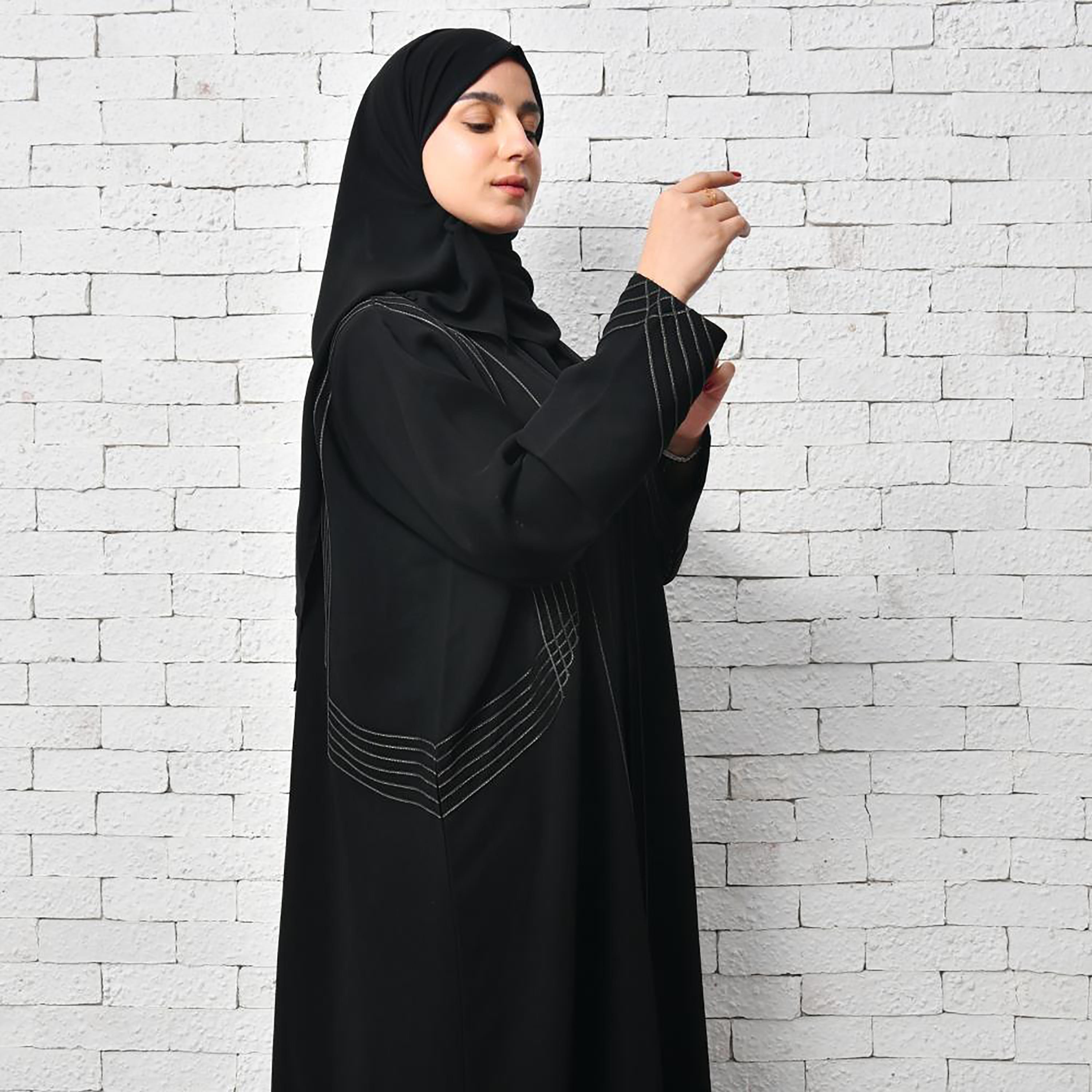 Lamha Black Embroidered Crepe Open-Front Women's Abaya with Hijab-women-arabicclothing-abayas-image-6