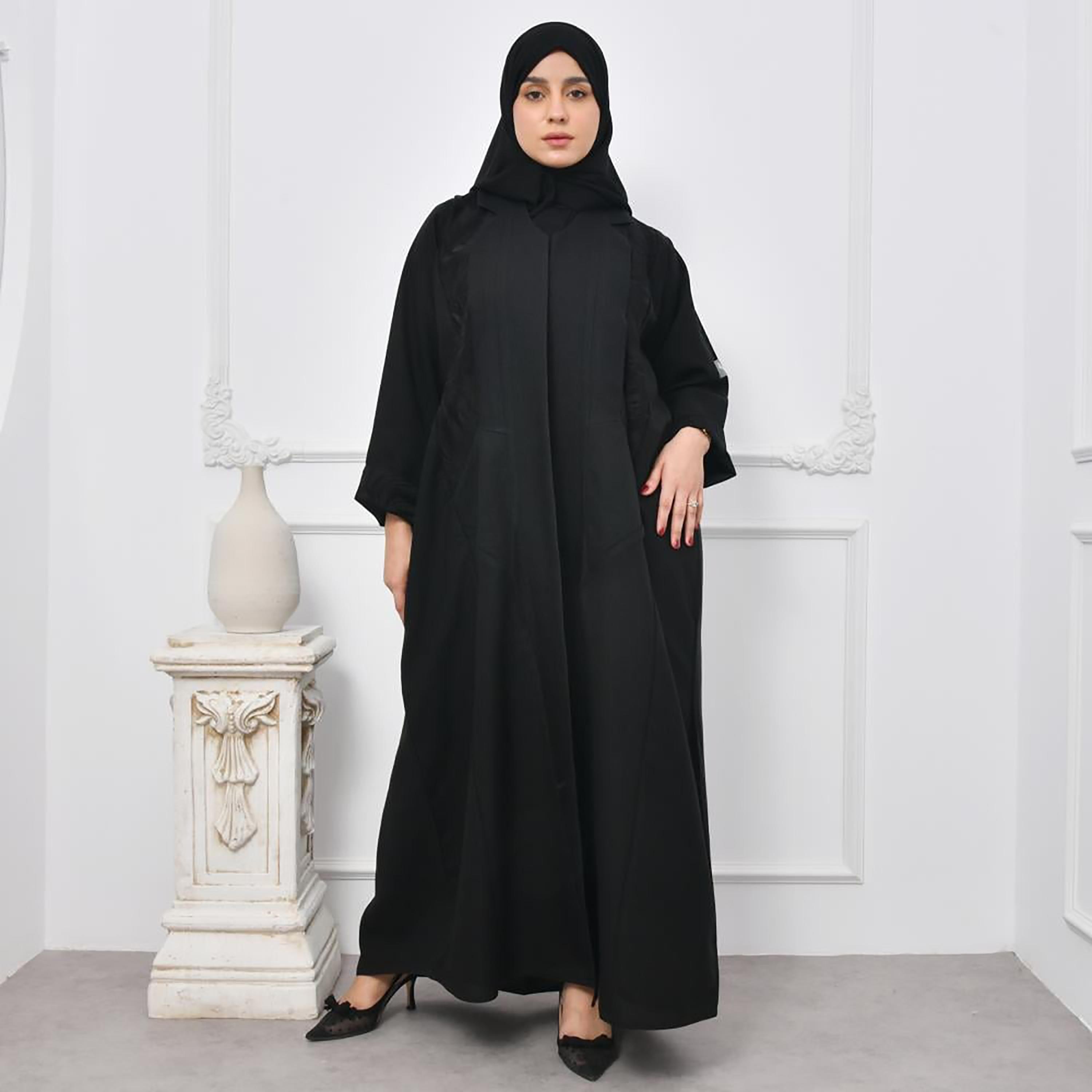 Lamha Black Crepe Open-Front Women's Abaya with Hijab-women-arabicclothing-abayas-image-1