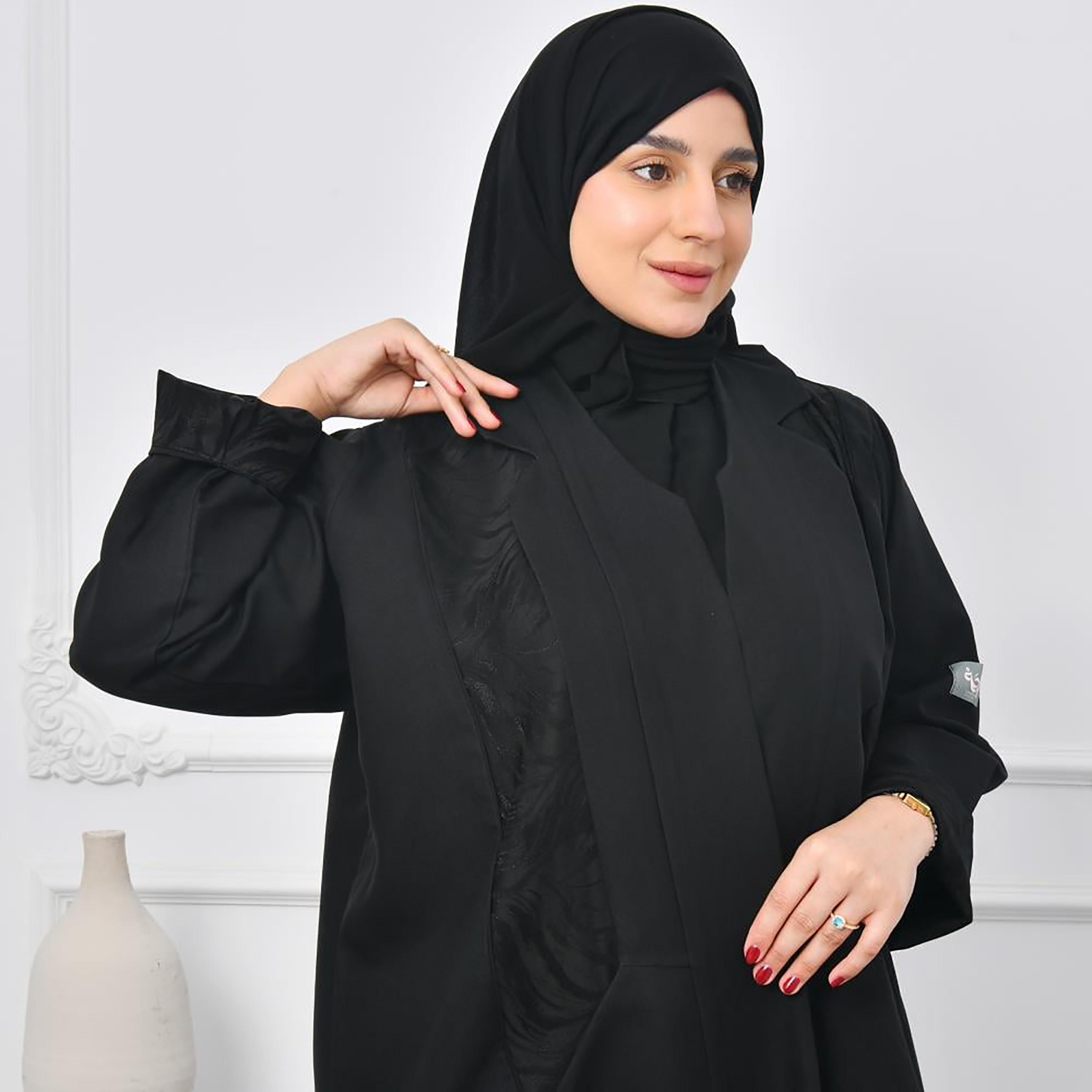 Lamha Black Crepe Open-Front Women's Abaya with Hijab-women-arabicclothing-abayas-image-2