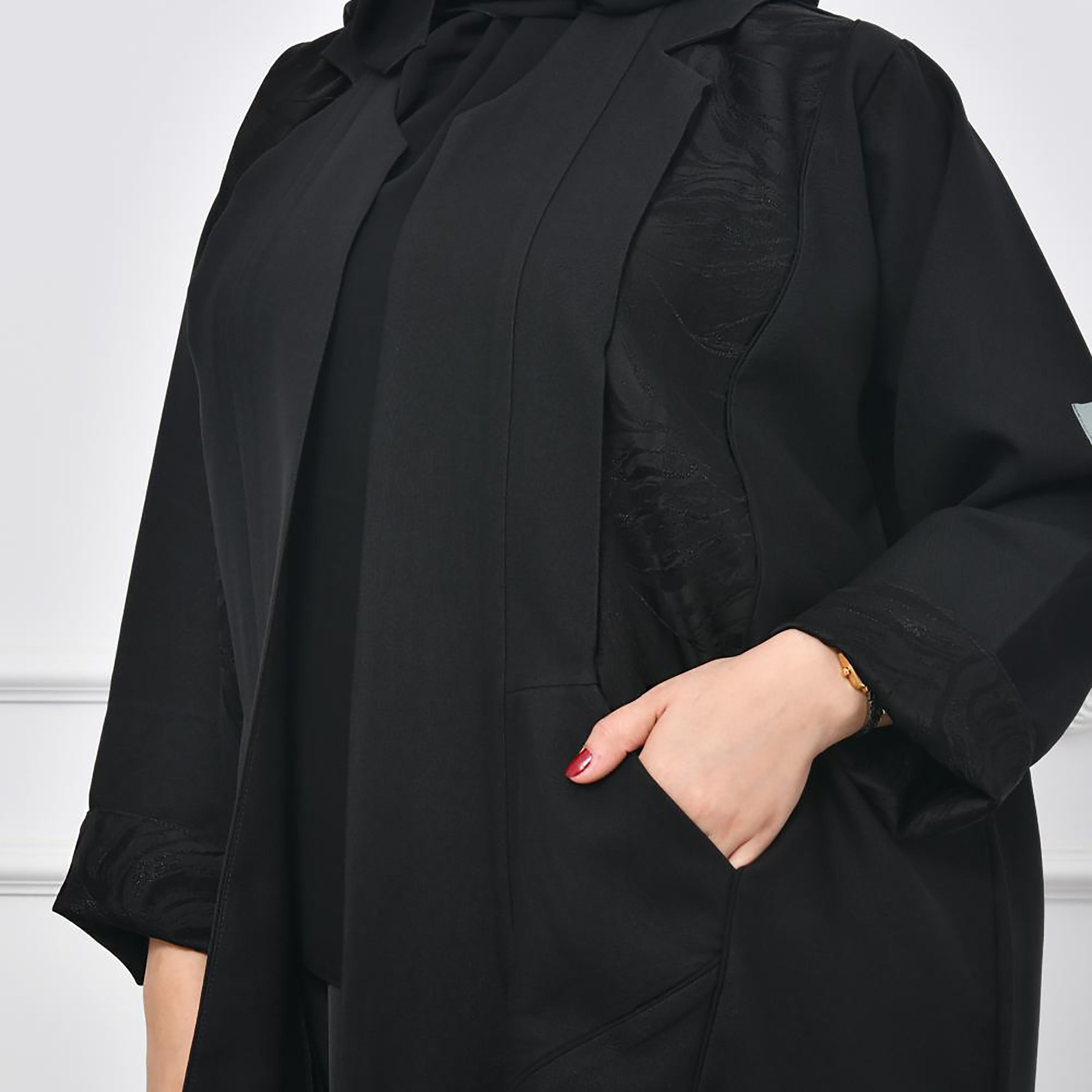 Lamha Black Crepe Open-Front Women's Abaya with Hijab-women-arabicclothing-abayas-image-3