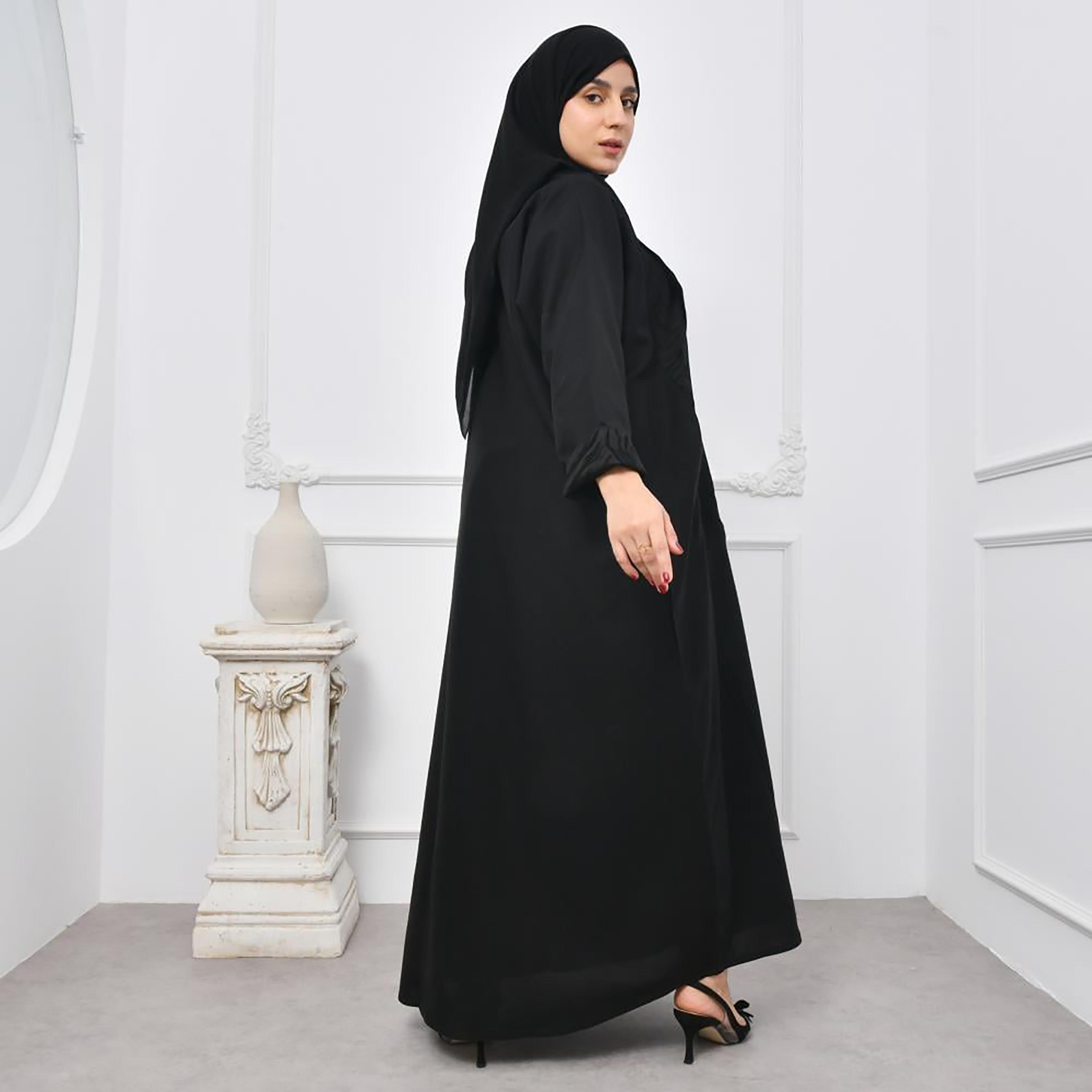 Lamha Black Crepe Open-Front Women's Abaya with Hijab-women-arabicclothing-abayas-image-4