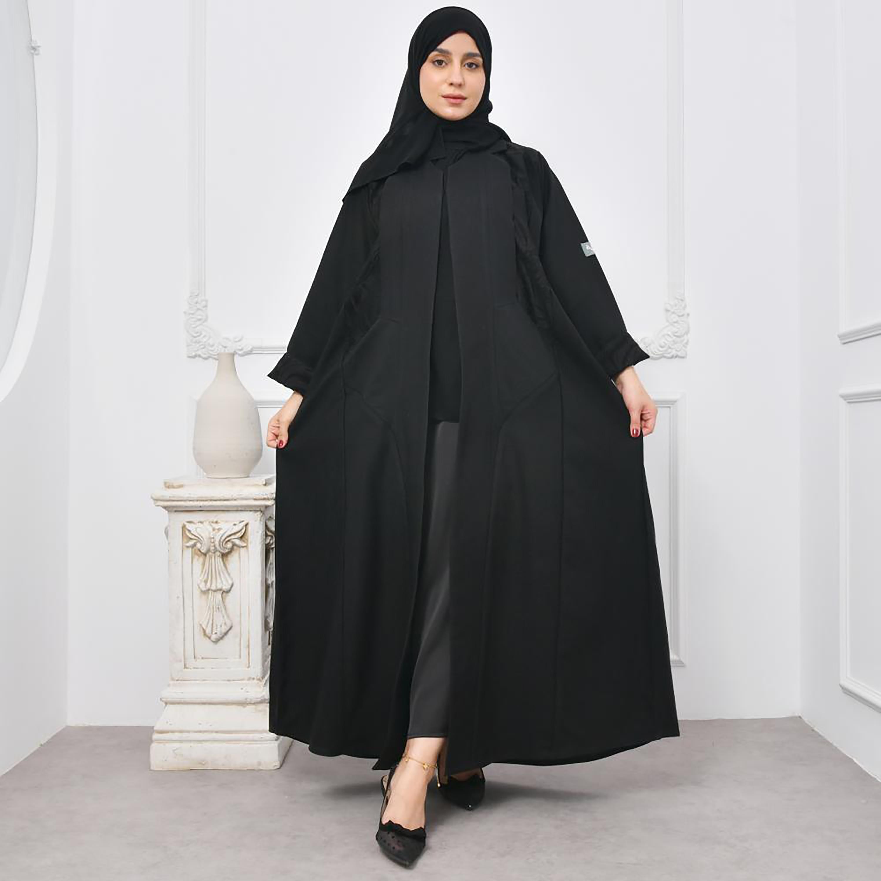 Lamha Black Crepe Open-Front Women's Abaya with Hijab-women-arabicclothing-abayas-image-5