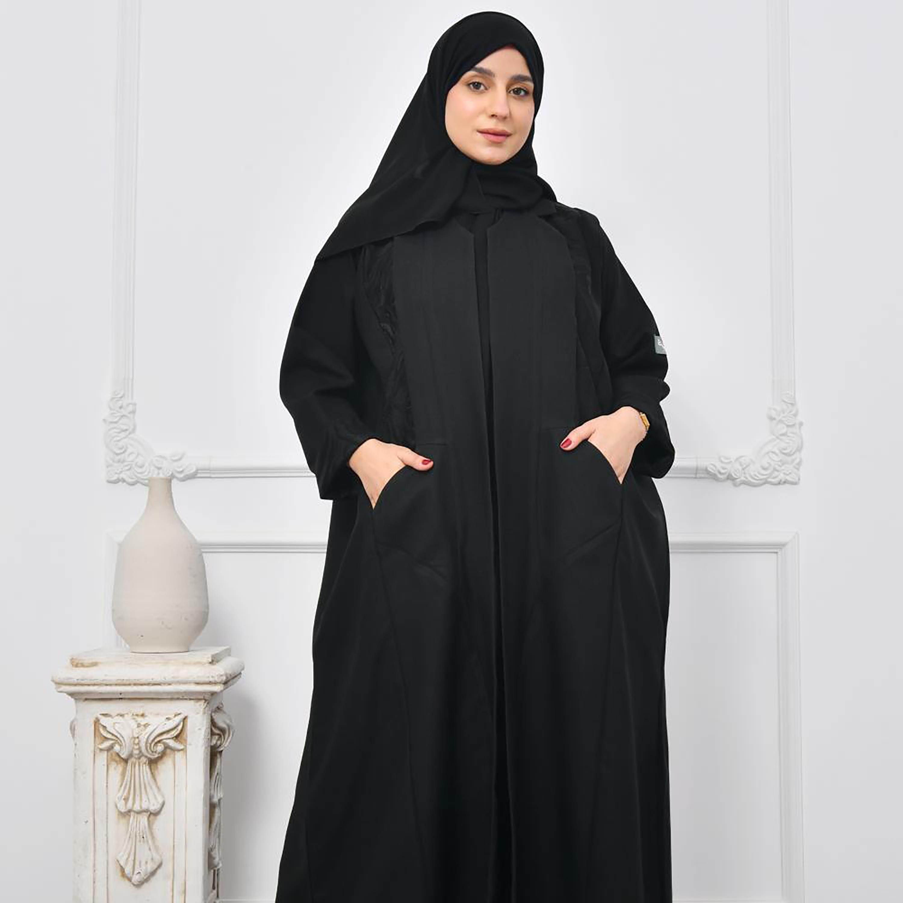Lamha Black Crepe Open-Front Women's Abaya with Hijab-women-arabicclothing-abayas-image-6