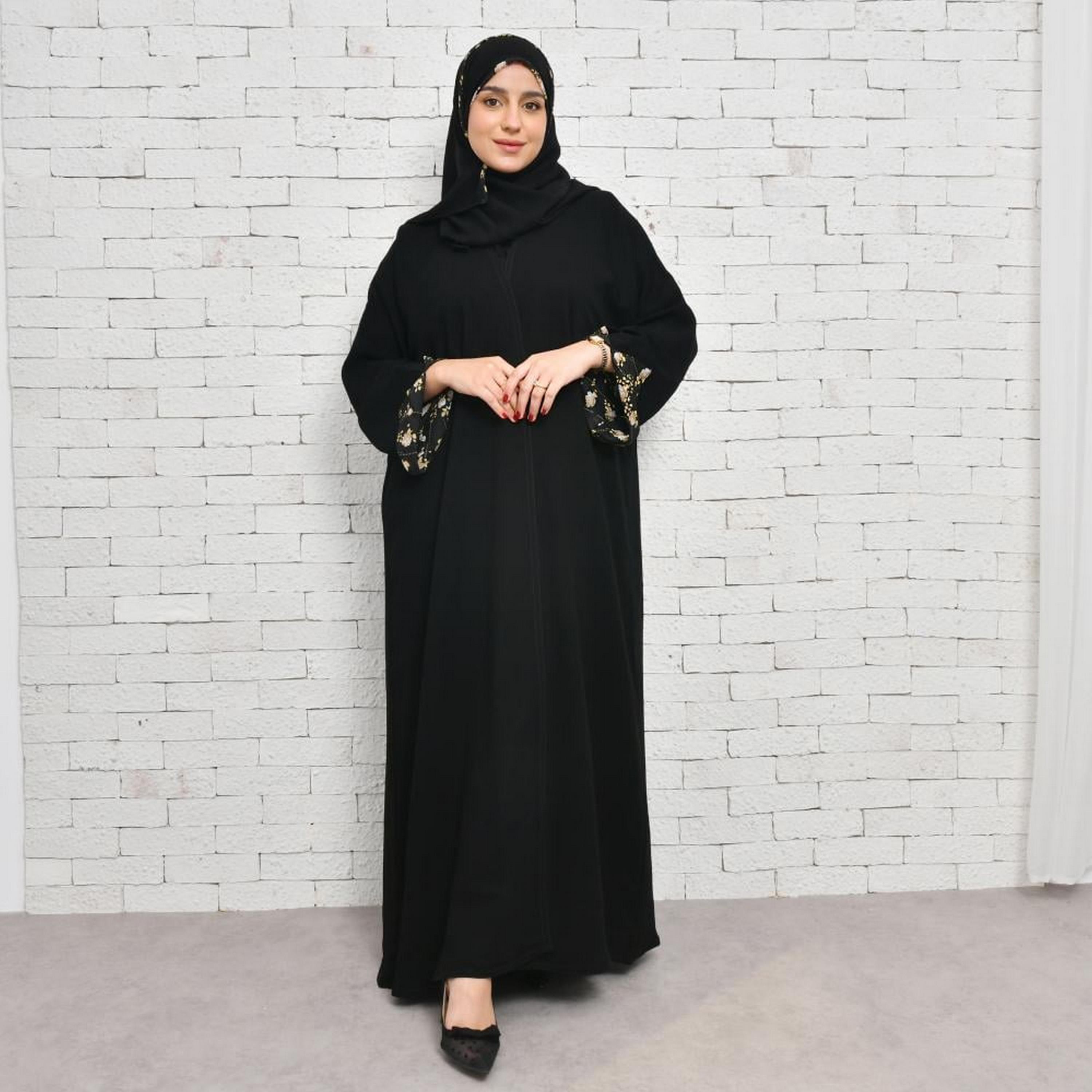 Lamha Black Open-Front Neck Slit Flared Sleeves Crepe Women's Abaya with Hijab-women-arabicclothing-abayas-image-1
