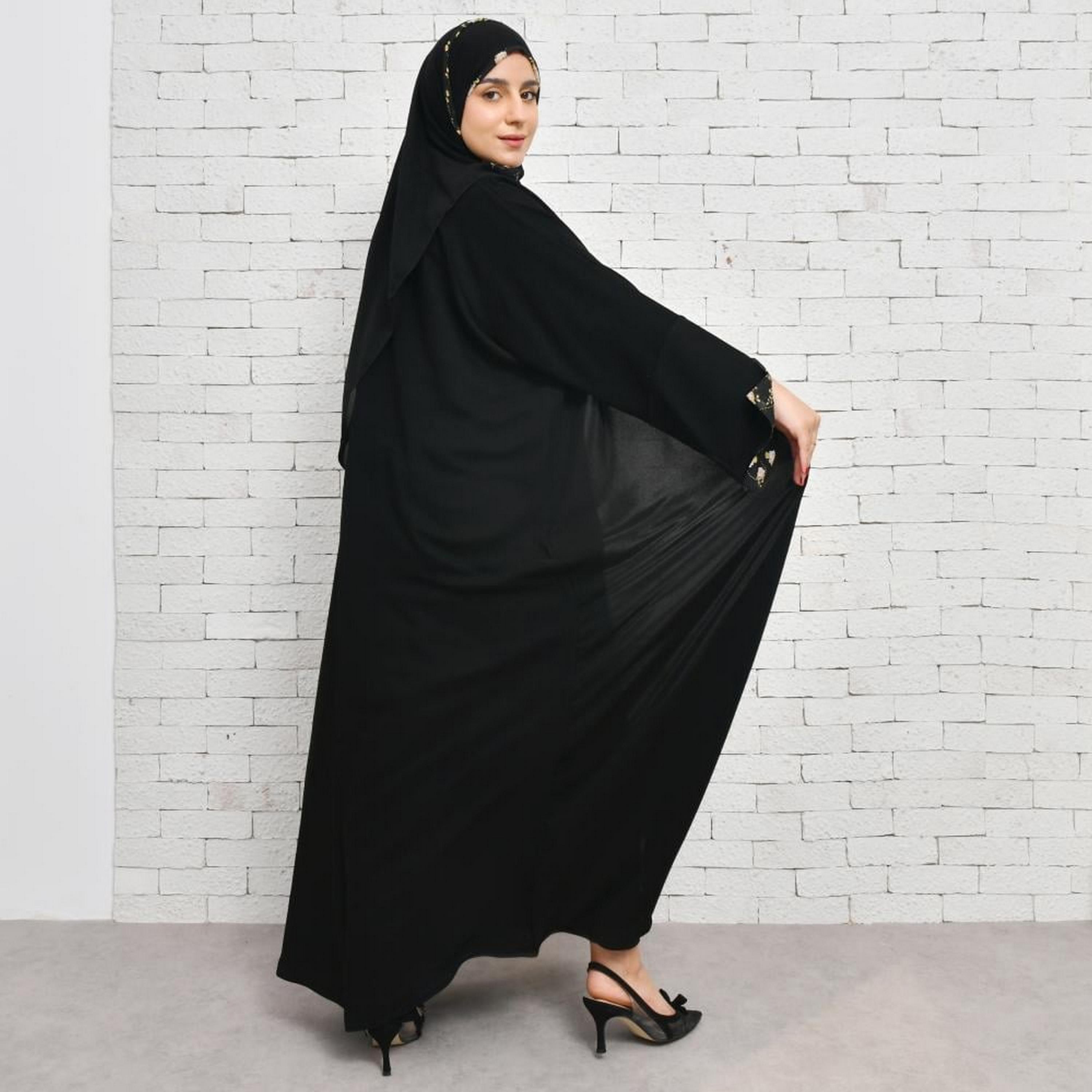 Lamha Black Open-Front Neck Slit Flared Sleeves Crepe Women's Abaya with Hijab-women-arabicclothing-abayas-image-5