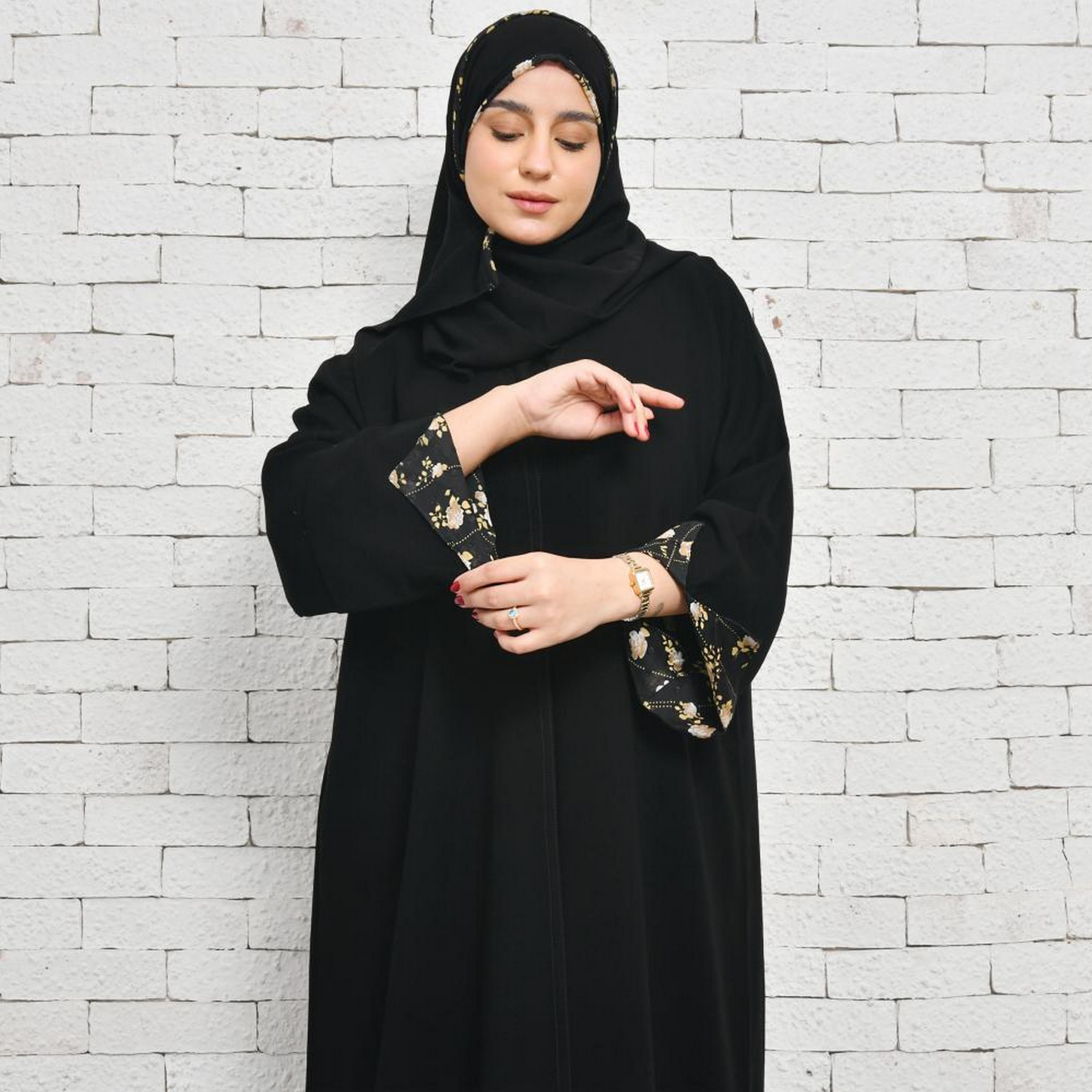 Lamha Black Open-Front Neck Slit Flared Sleeves Crepe Women's Abaya with Hijab-women-arabicclothing-abayas-image-7