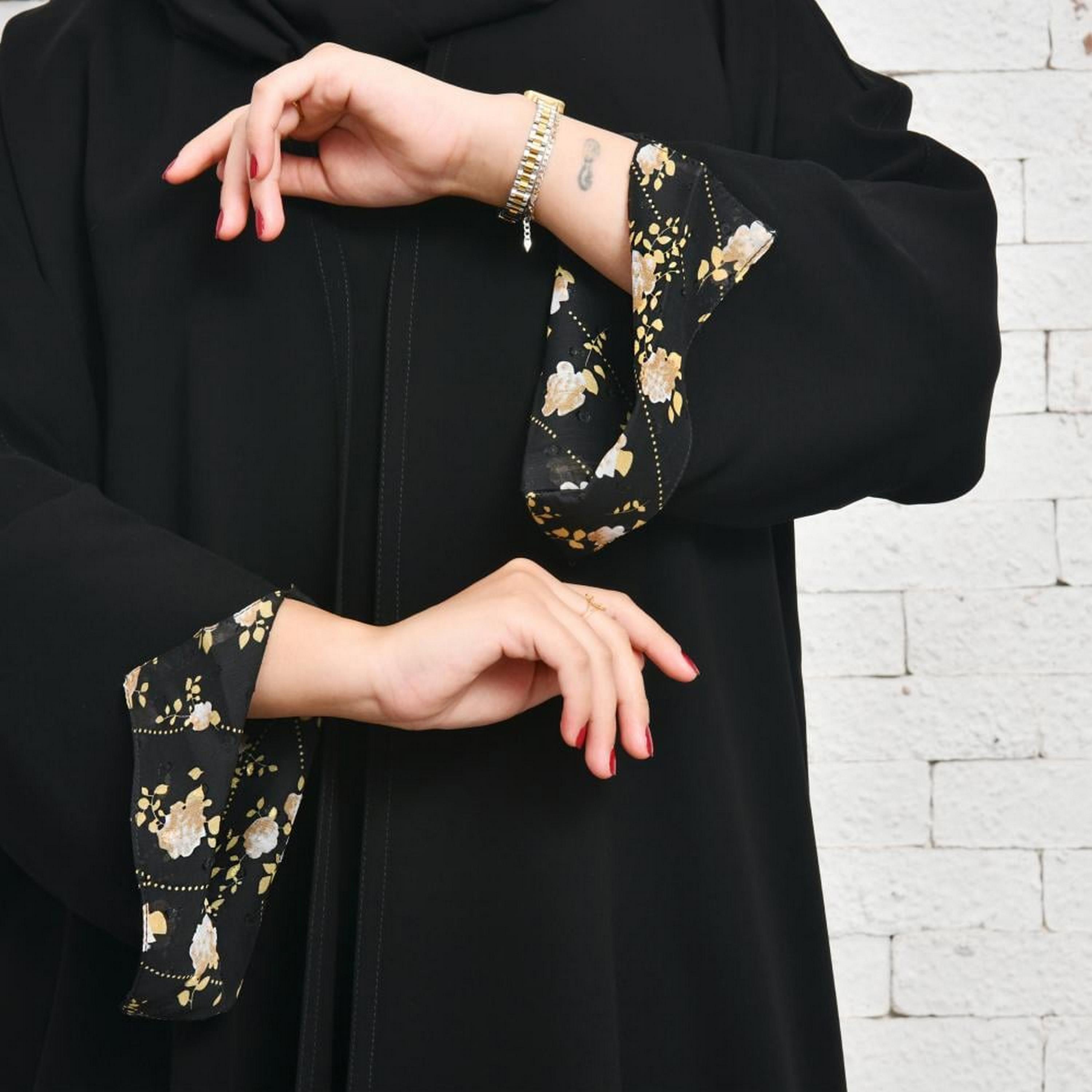 Lamha Black Open-Front Neck Slit Flared Sleeves Crepe Women's Abaya with Hijab-women-arabicclothing-abayas-image-8