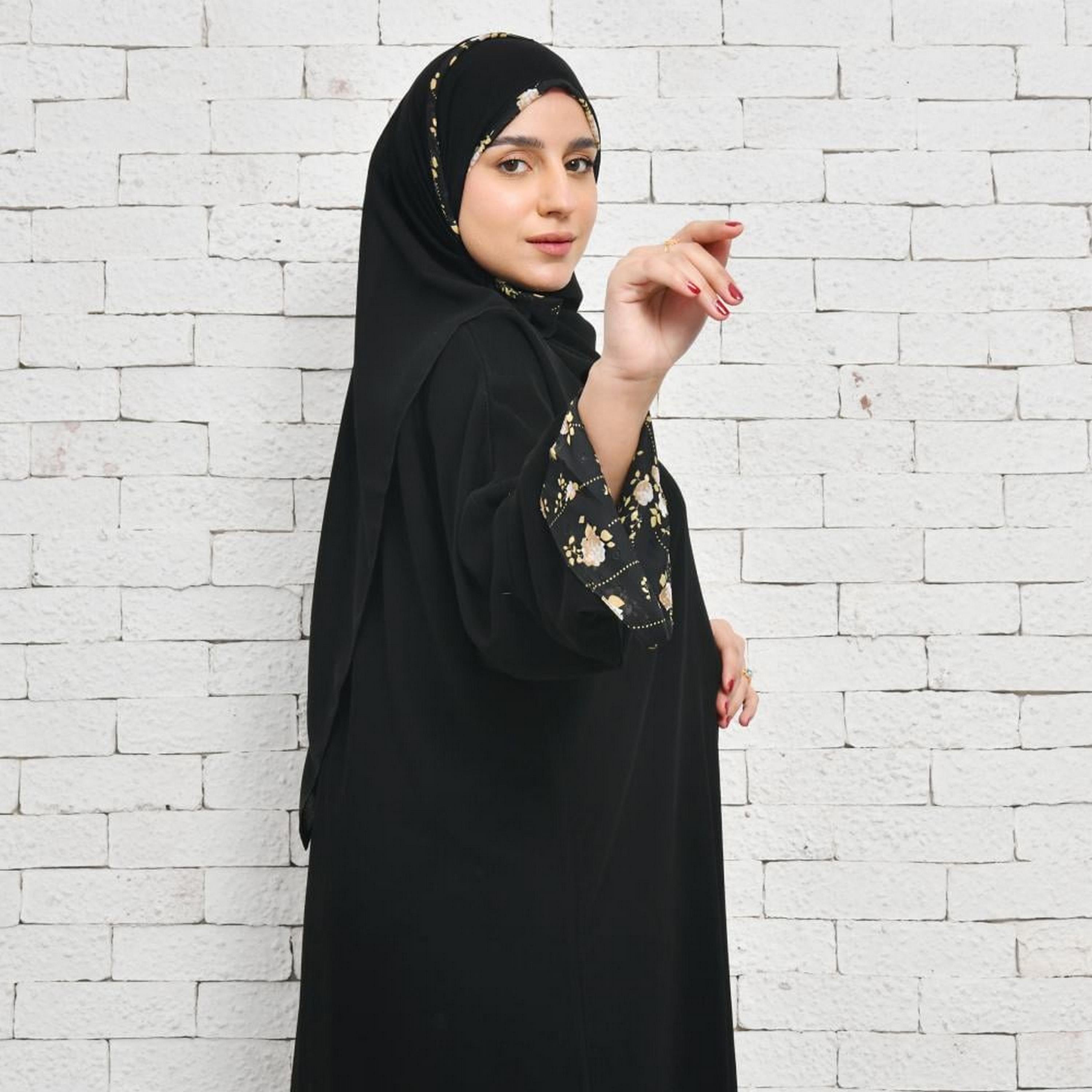 Lamha Black Open-Front Neck Slit Flared Sleeves Crepe Women's Abaya with Hijab-women-arabicclothing-abayas-image-9
