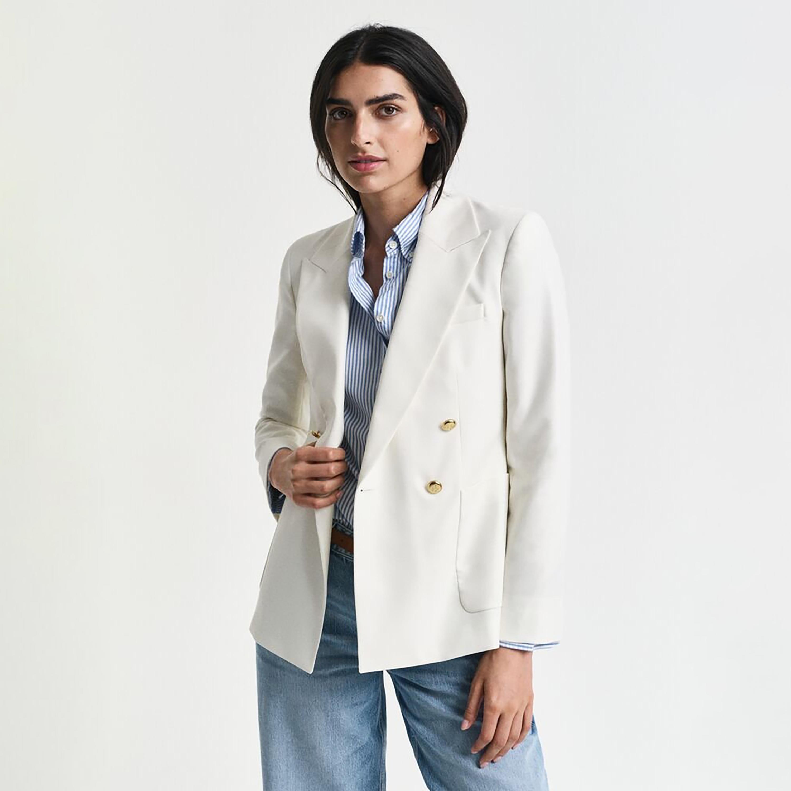 بليزر نسائي بأكمام طويلة سادة وياقة "بيك لابل" من جانت-women-clothing-coatsandjackets-blazers-image-1