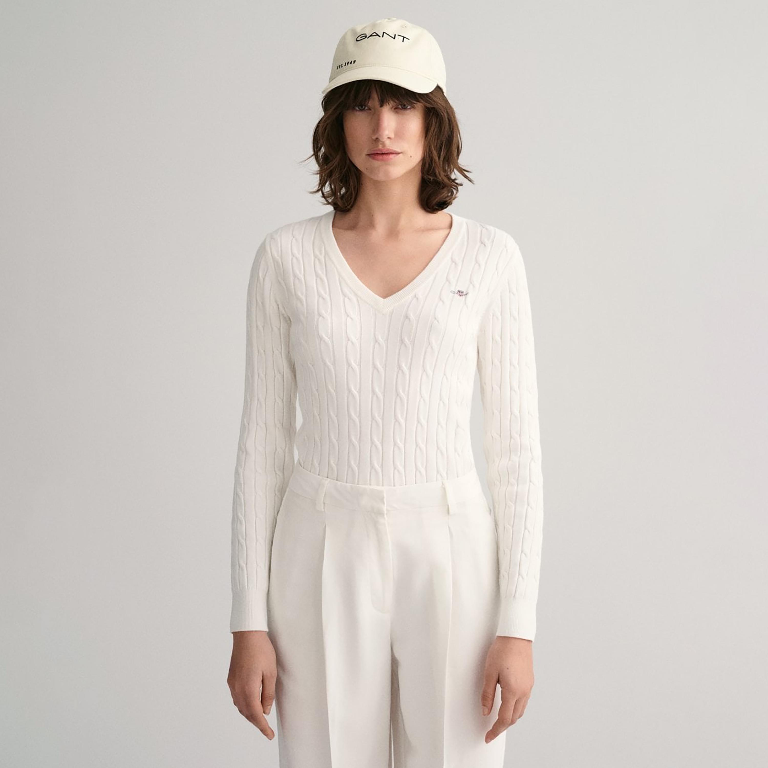 Gant Braided Knitted V-Neck Long Sleeves Sweatshirt-women-clothing-hoodiesandsweatshirts-hoodies-image-1