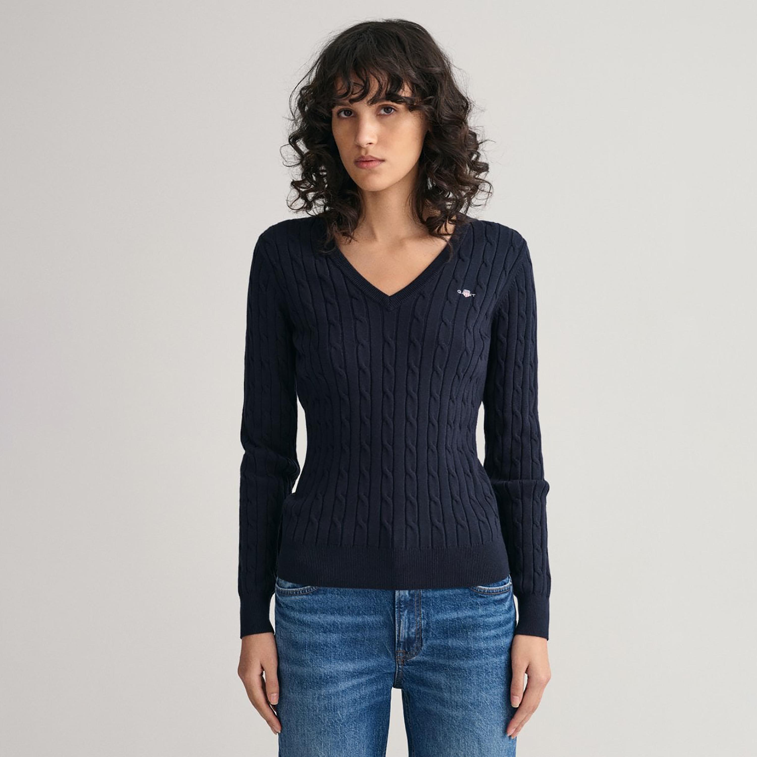 Gant Braided Knitted V-Neck Long Sleeves Sweatshirt-women-winterwear-hoodiesandsweatshirts-hoodies-image-1
