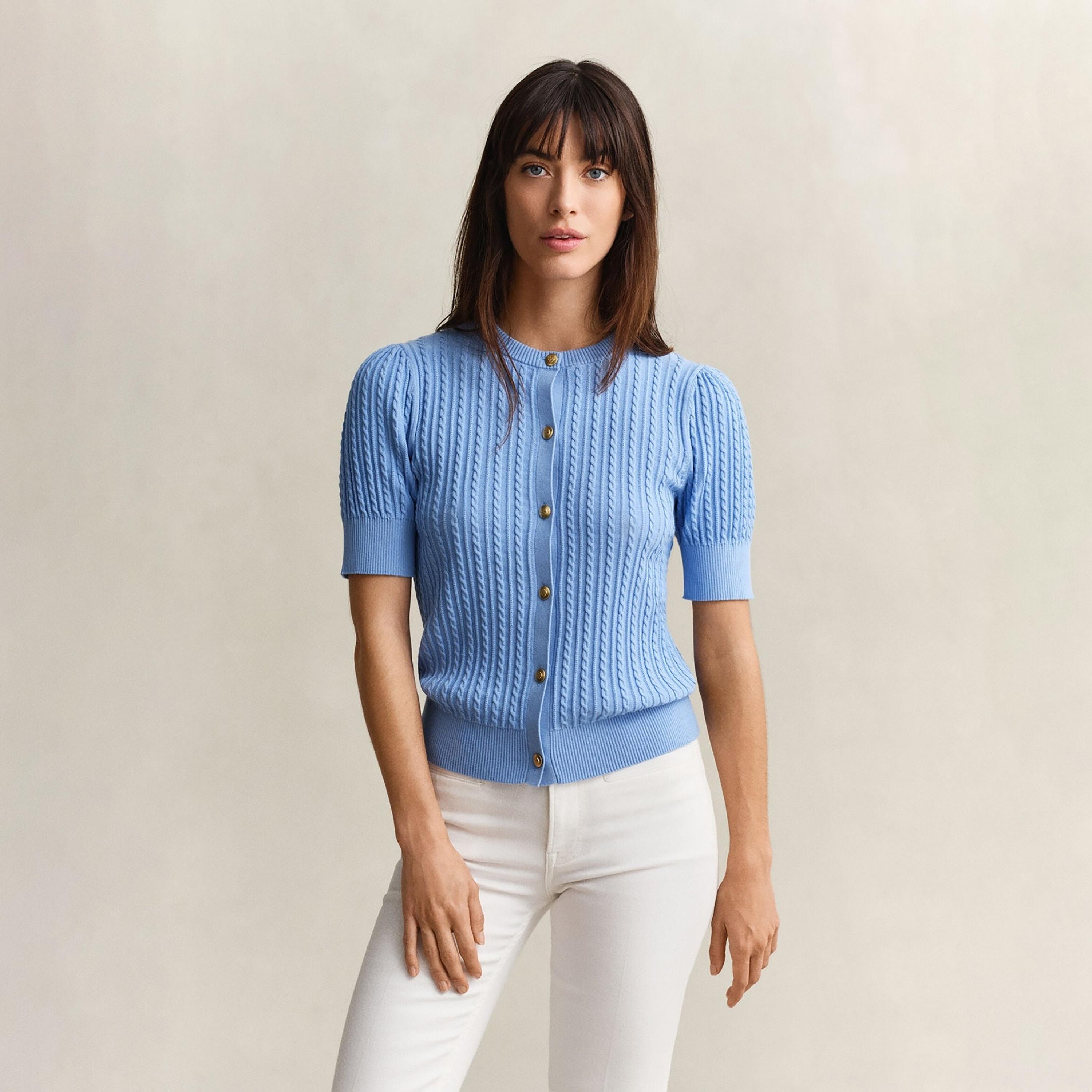 Gant Cable Knit Round Neck Short Sleeves Women's Cardigan-women-winterwear-cardigansandjumpers-cardigans-image-1