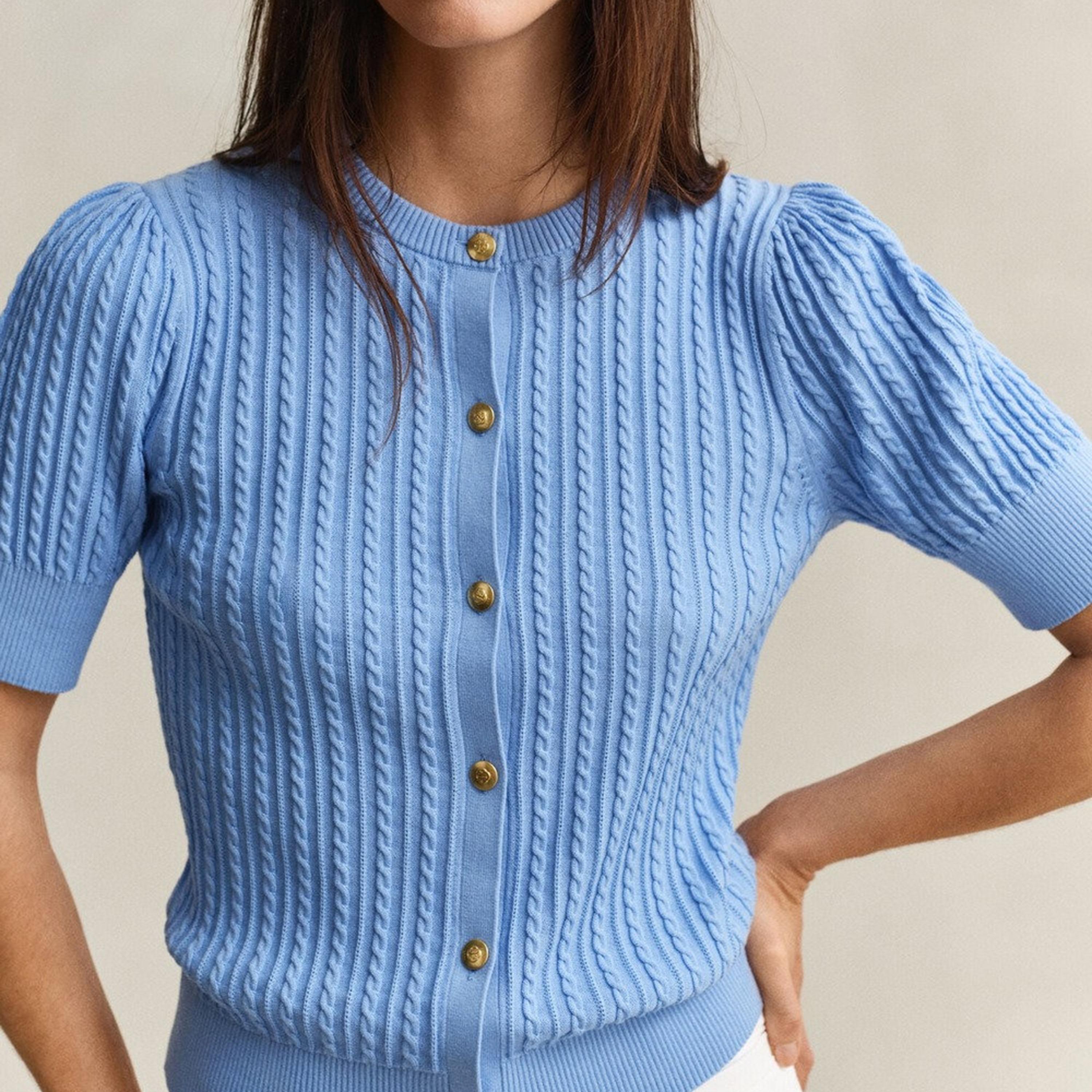 Gant Cable Knit Round Neck Short Sleeves Women's Cardigan-women-winterwear-cardigansandjumpers-cardigans-image-3