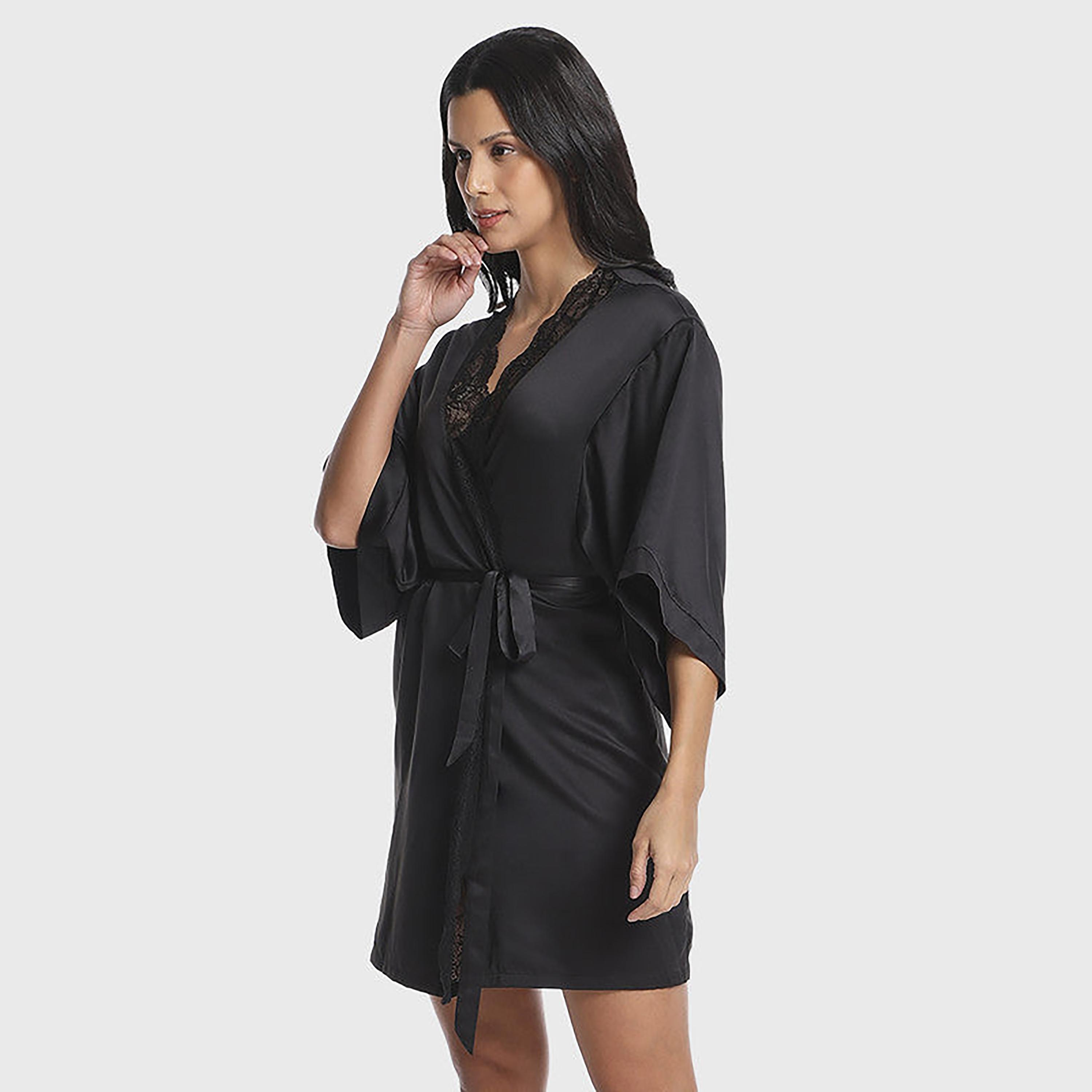 رداء ليل نسائي بتفاصيل لا سينزا برقبة V بأكمام بثلاثة أرباع-women-clothing-nightwear-robes-image-3