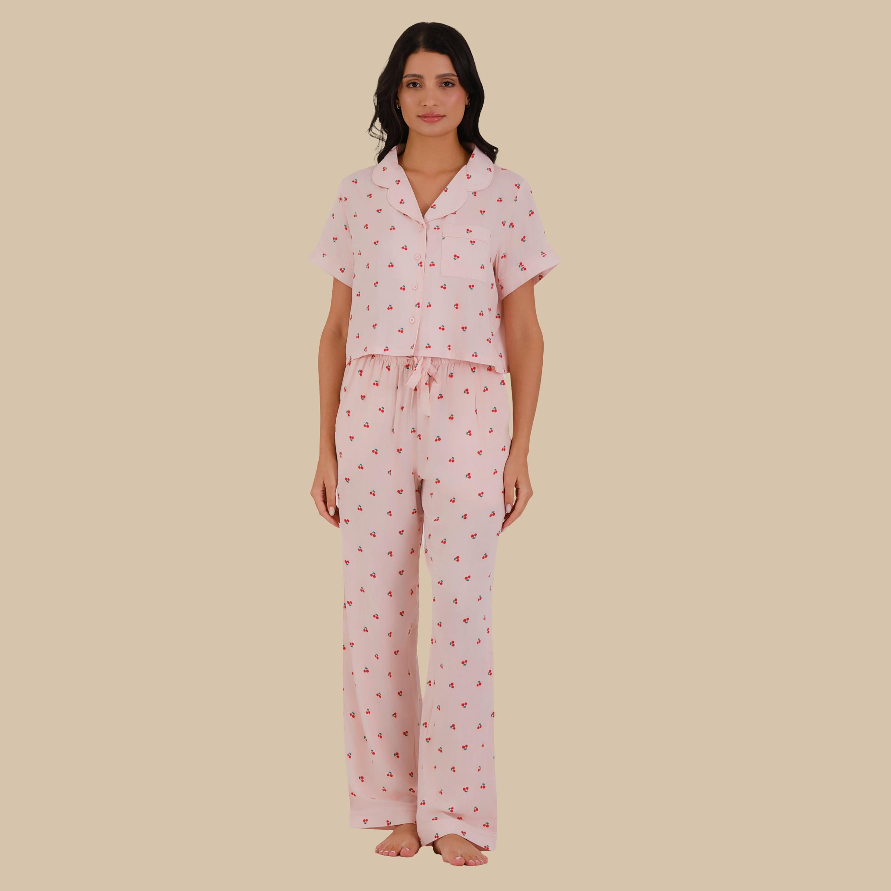 Isla & Evie Women's Pyjama Set of 2 Cherry Print Shirt and Pyjama-women-clothing-nightwear-pyjamas-longsets-image-1