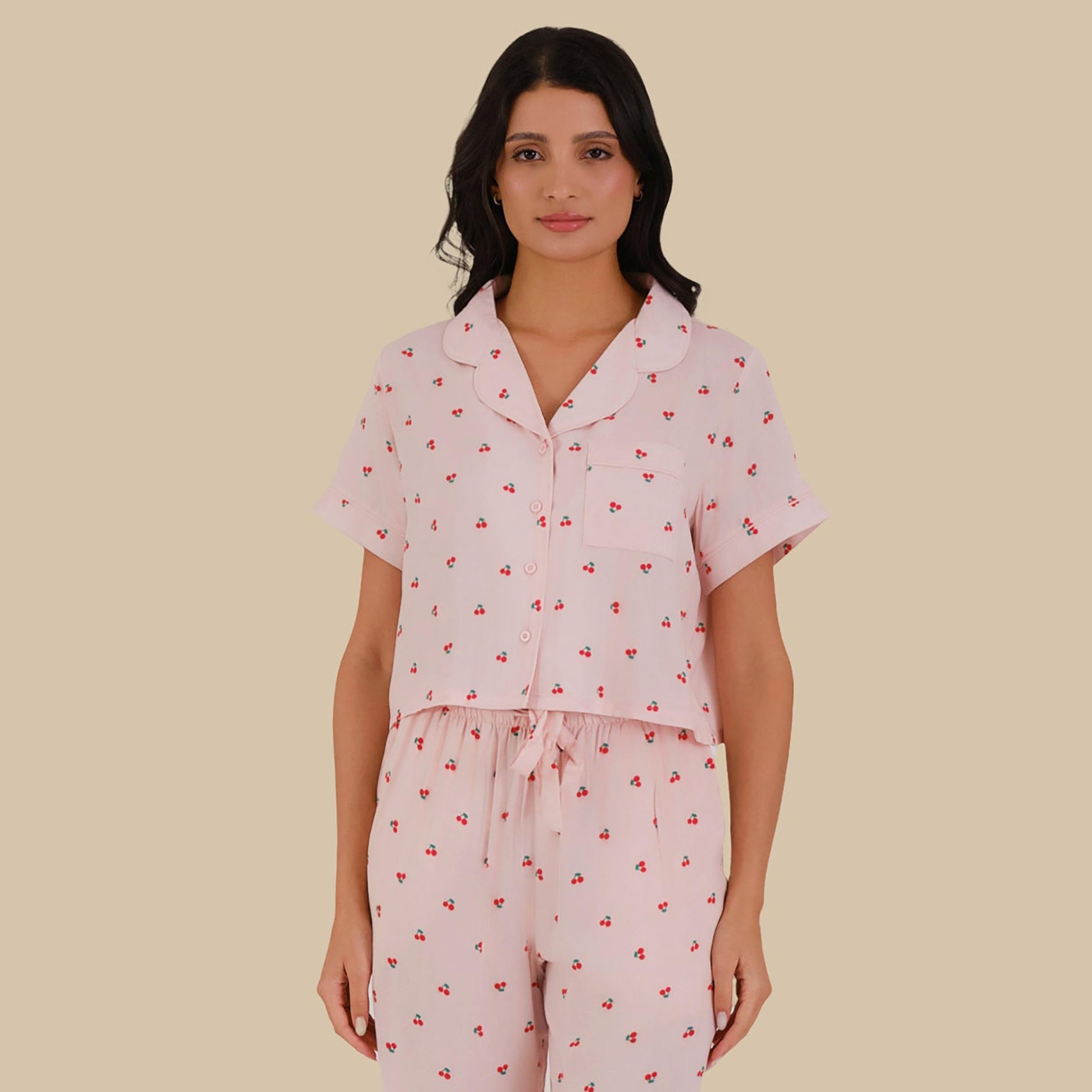 Isla & Evie Women's Pyjama Set of 2 Cherry Print Shirt and Pyjama-women-clothing-nightwear-pyjamas-longsets-image-2