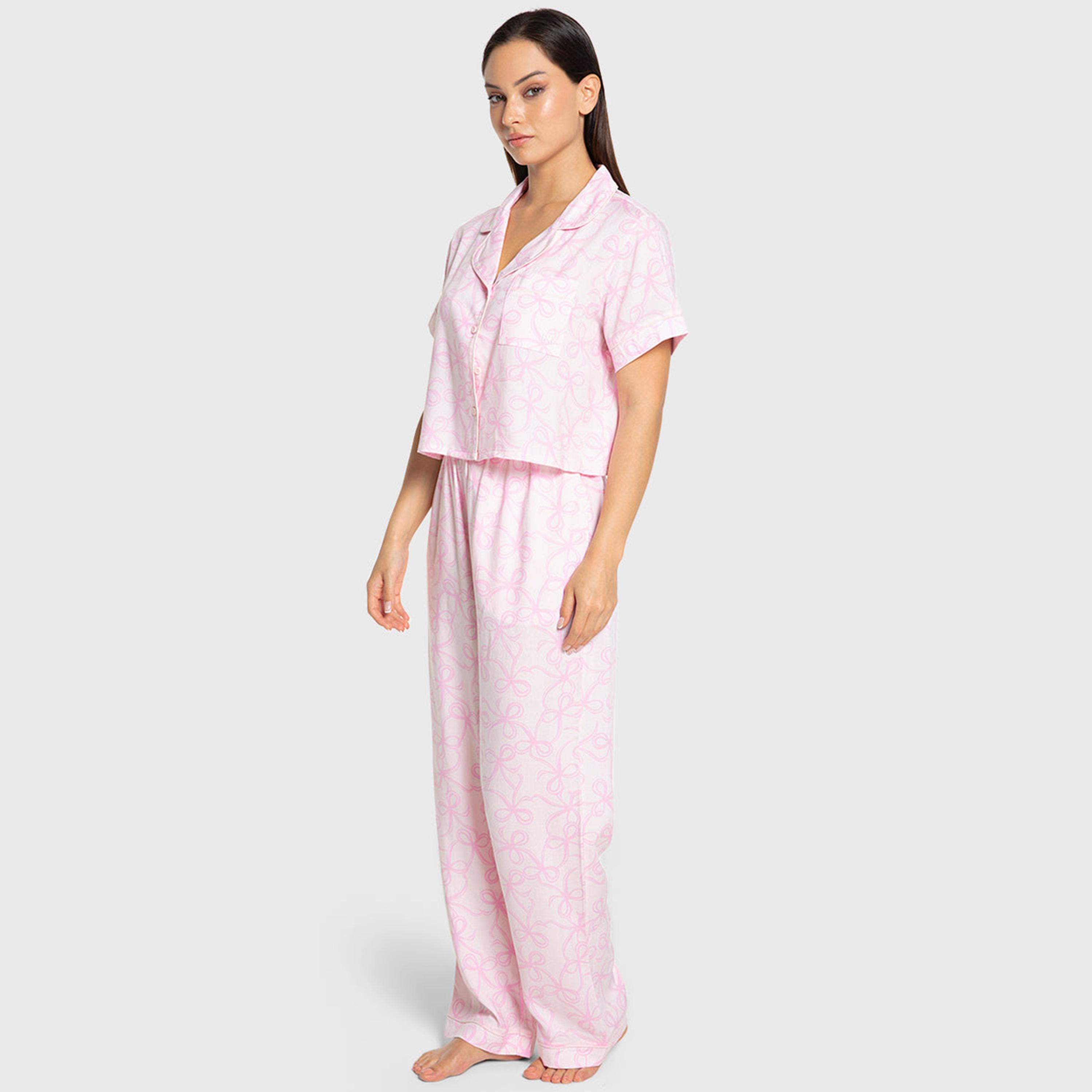 Isla & Evie Bow Print Notch Collared Short Sleeves Women's Shirt and Pyjama Set-women-clothing-nightwear-pyjamas-longsets-image-2
