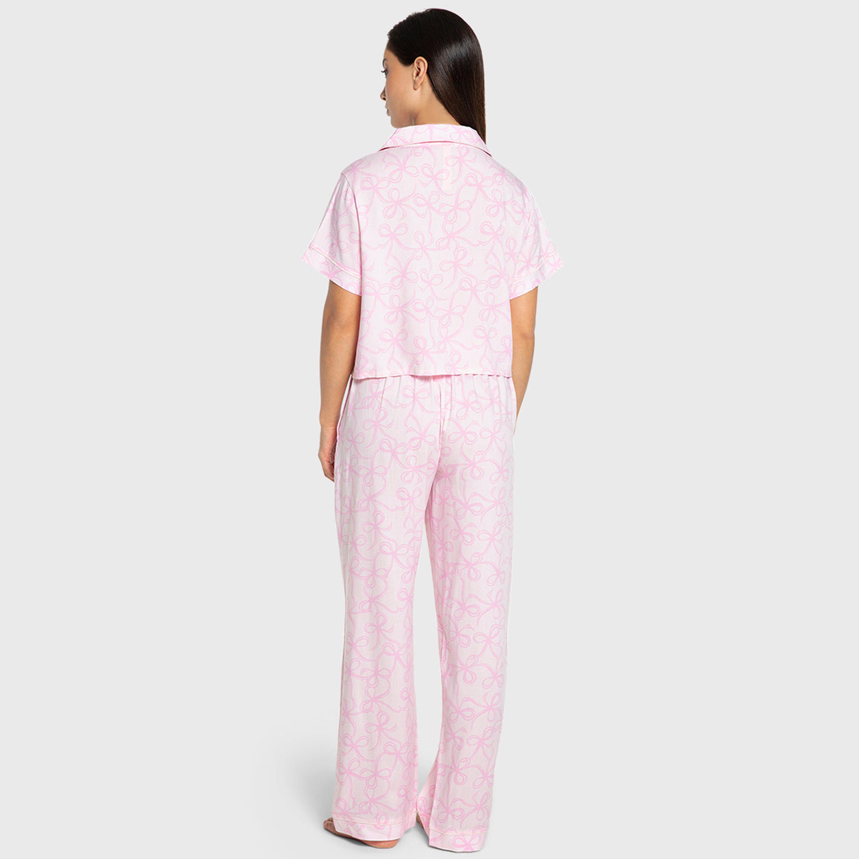 Isla & Evie Bow Print Notch Collared Short Sleeves Women's Shirt and Pyjama Set-women-clothing-nightwear-pyjamas-longsets-image-3