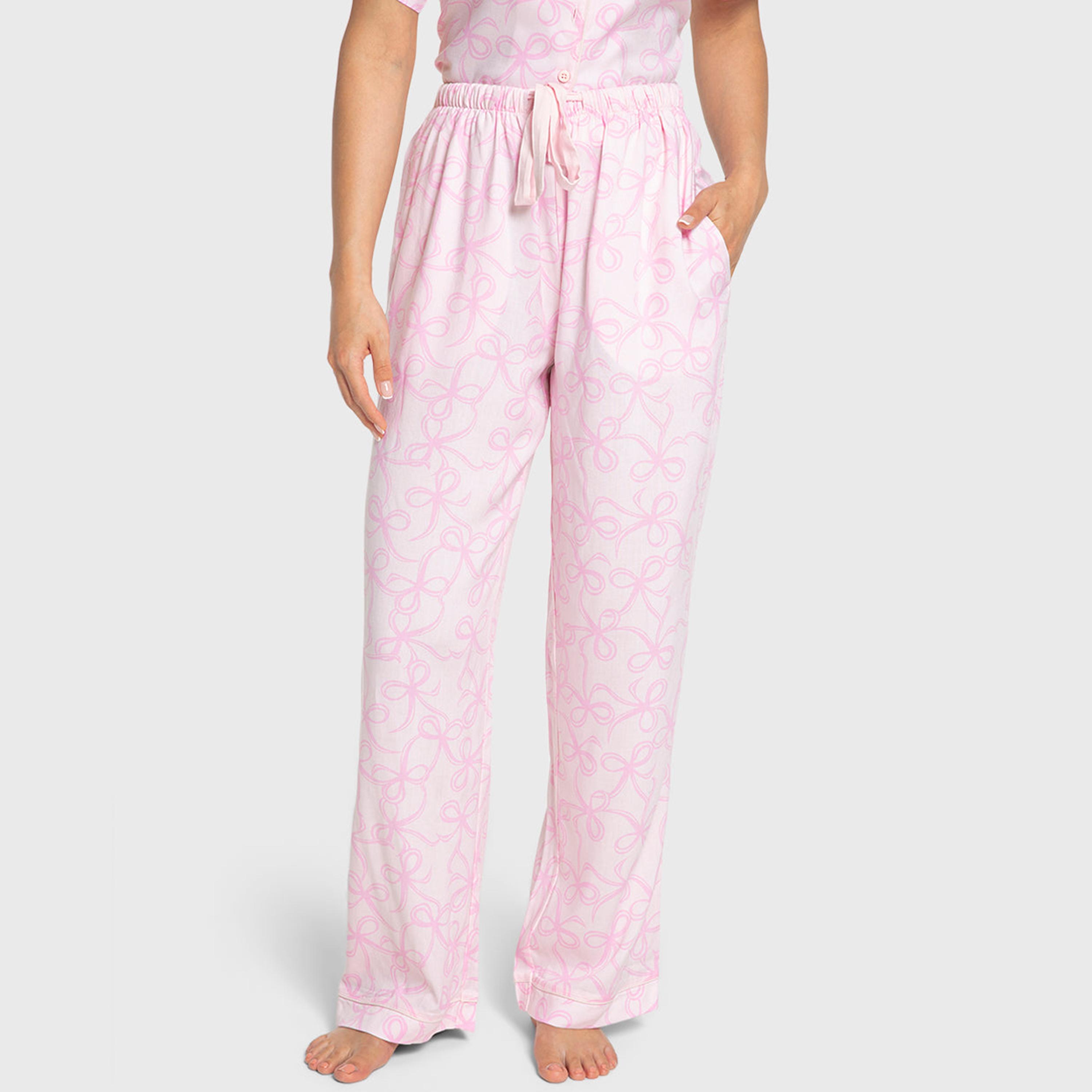 Isla & Evie Bow Print Notch Collared Short Sleeves Women's Shirt and Pyjama Set-women-clothing-nightwear-pyjamas-longsets-image-4