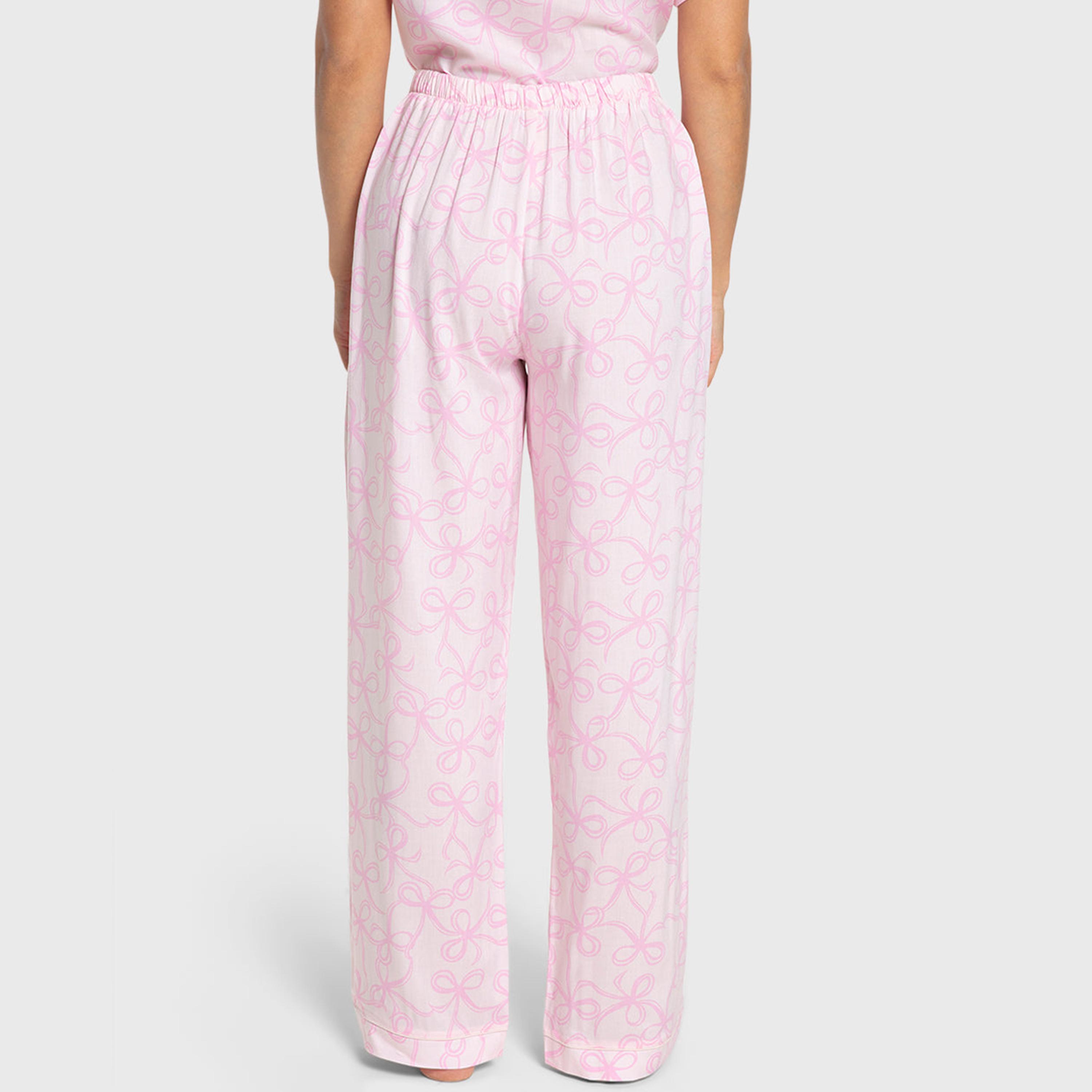 Isla & Evie Bow Print Notch Collared Short Sleeves Women's Shirt and Pyjama Set-women-clothing-nightwear-pyjamas-longsets-image-5